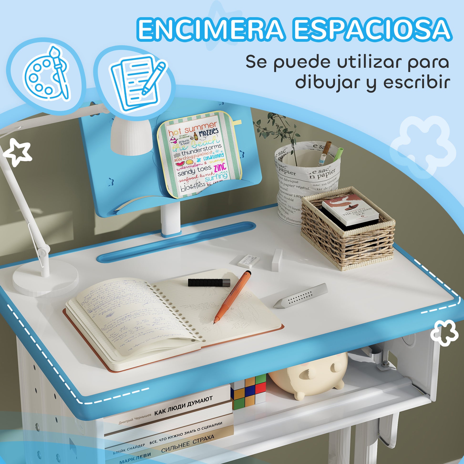 Kids Desk and Chair Set for 6-12 Year Olds Children Adjustable Height with 1 Drawer 1 Pencil Slot and 1 Bookshelf Steel 60x45x90-102 cm Blue