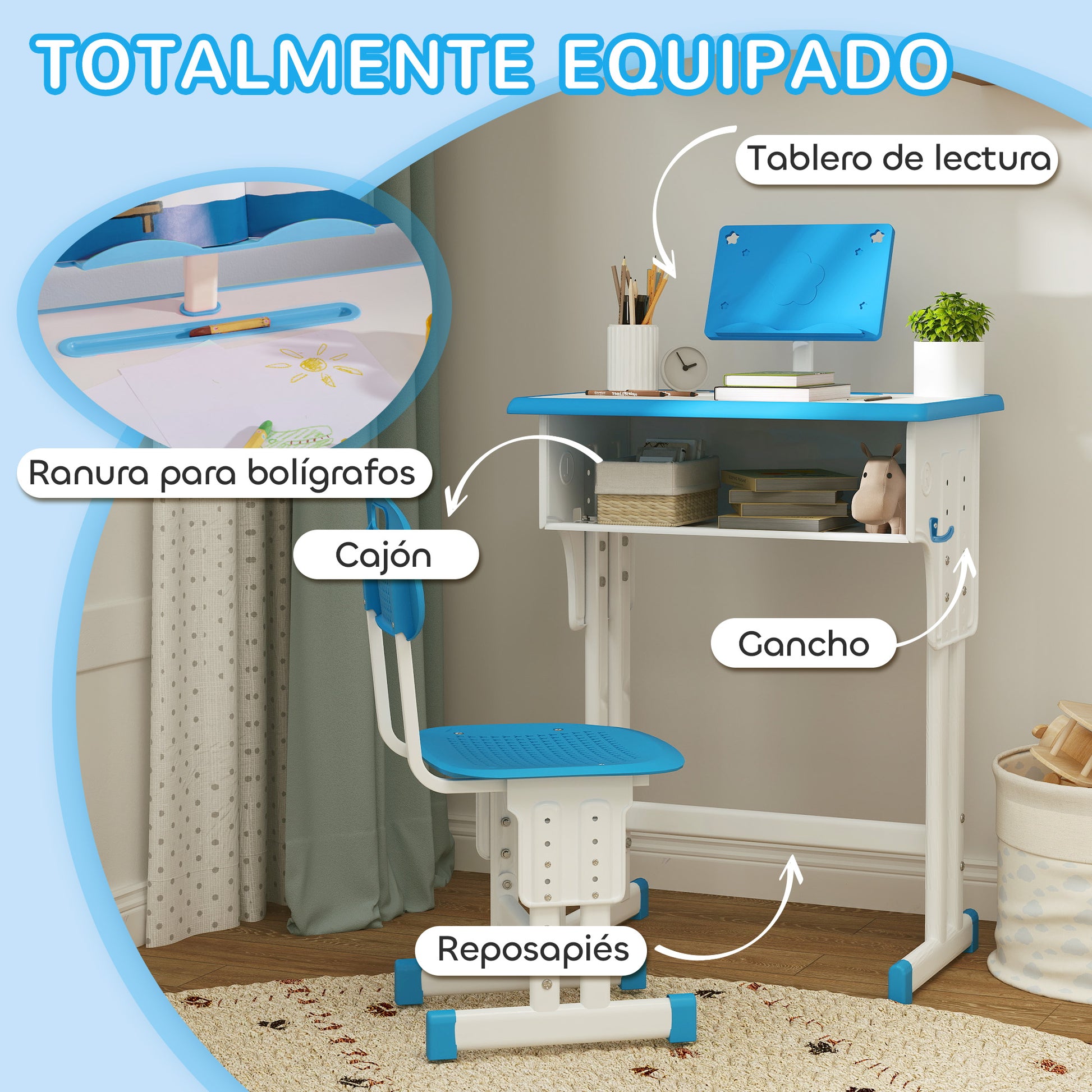 Kids Desk and Chair Set for 6-12 Year Olds Children Adjustable Height with 1 Drawer 1 Pencil Slot and 1 Bookshelf Steel 60x45x90-102 cm Blue