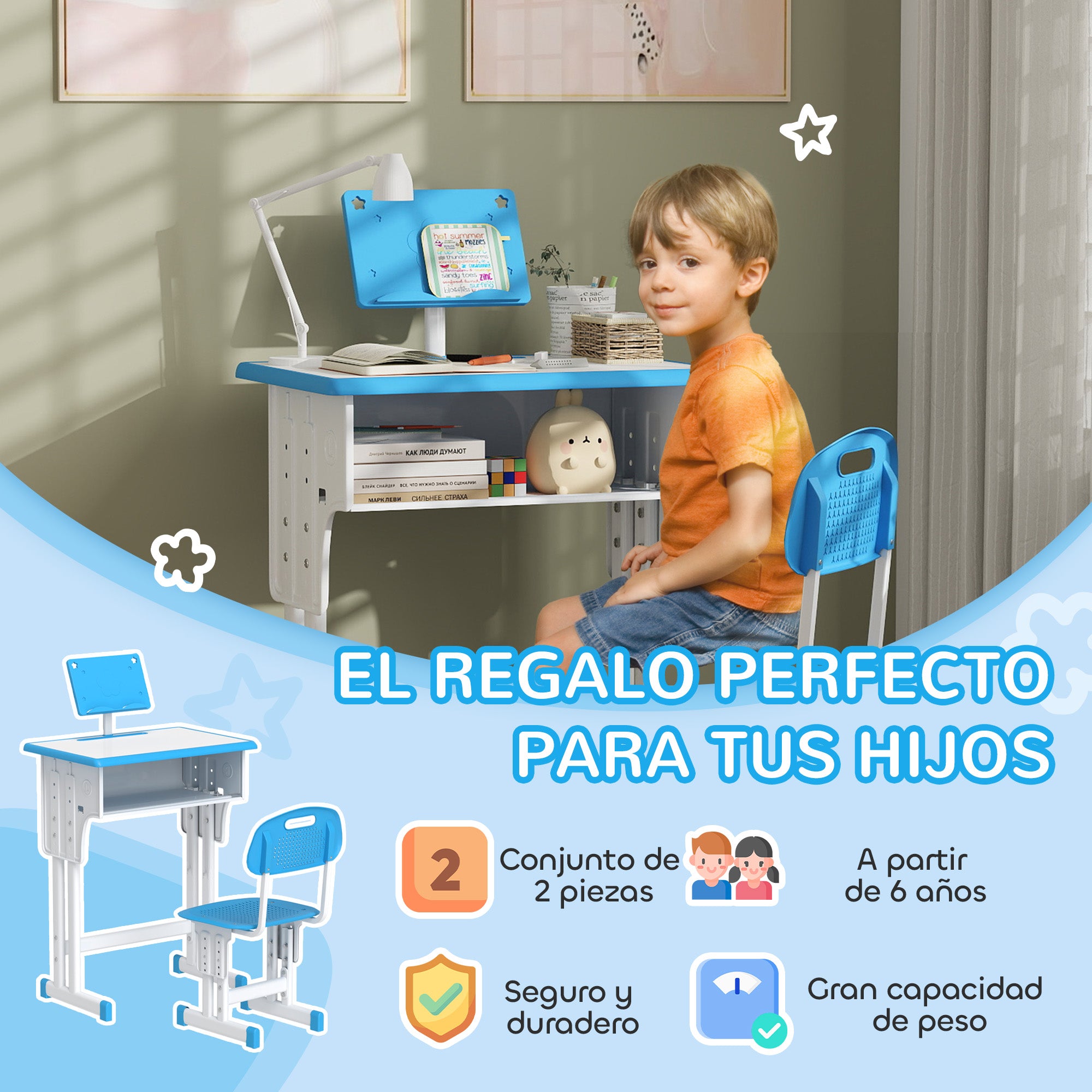 Kids Desk and Chair Set for 6-12 Year Olds Children Adjustable Height with 1 Drawer 1 Pencil Slot and 1 Bookshelf Steel 60x45x90-102 cm Blue