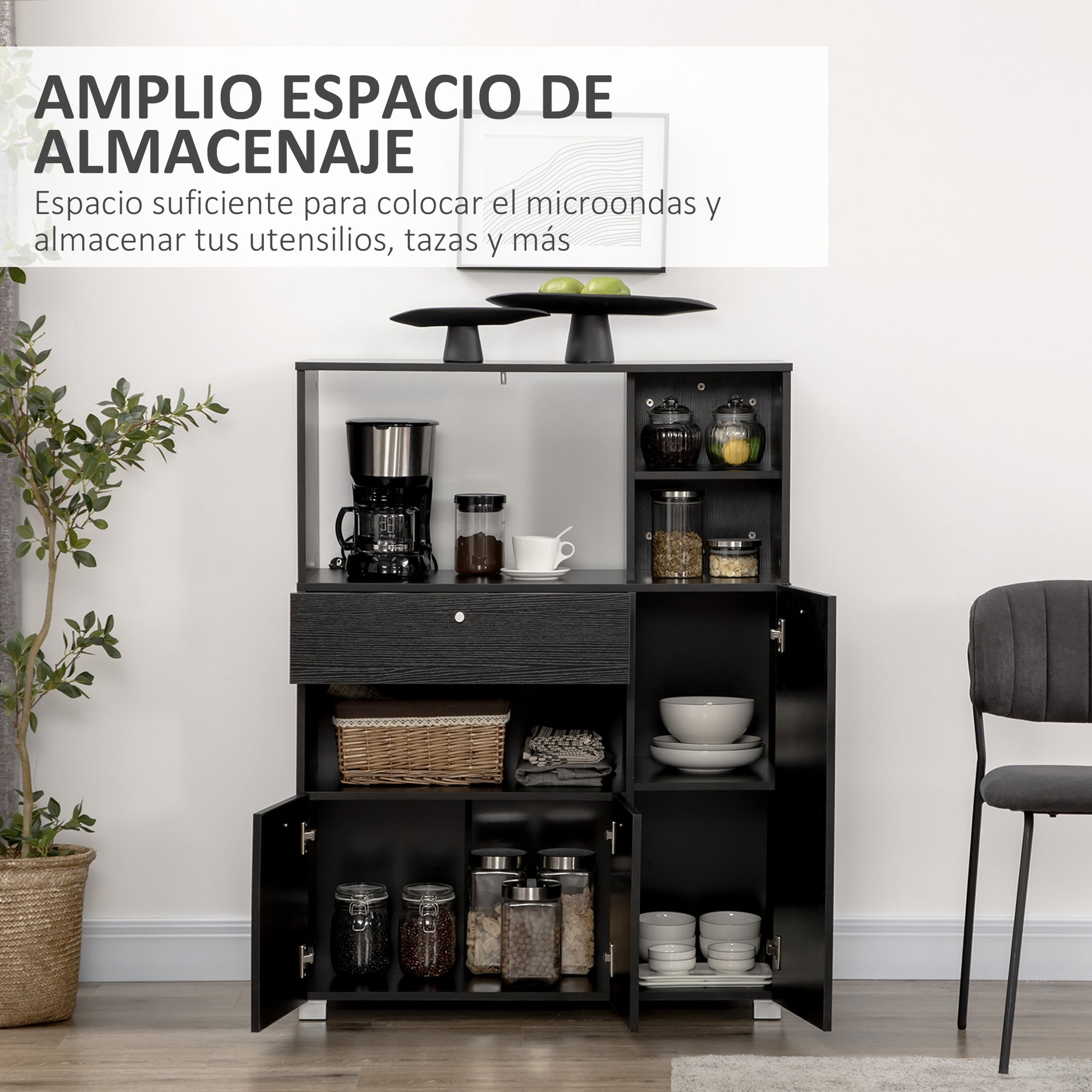 Kitchen Storage Cabinet Microwave Stand Kitchen Buffet with Drawer Shelves 3 Doors 3 Compartments Anti-Tip Design for Dining Room 90x40x120 cm Black