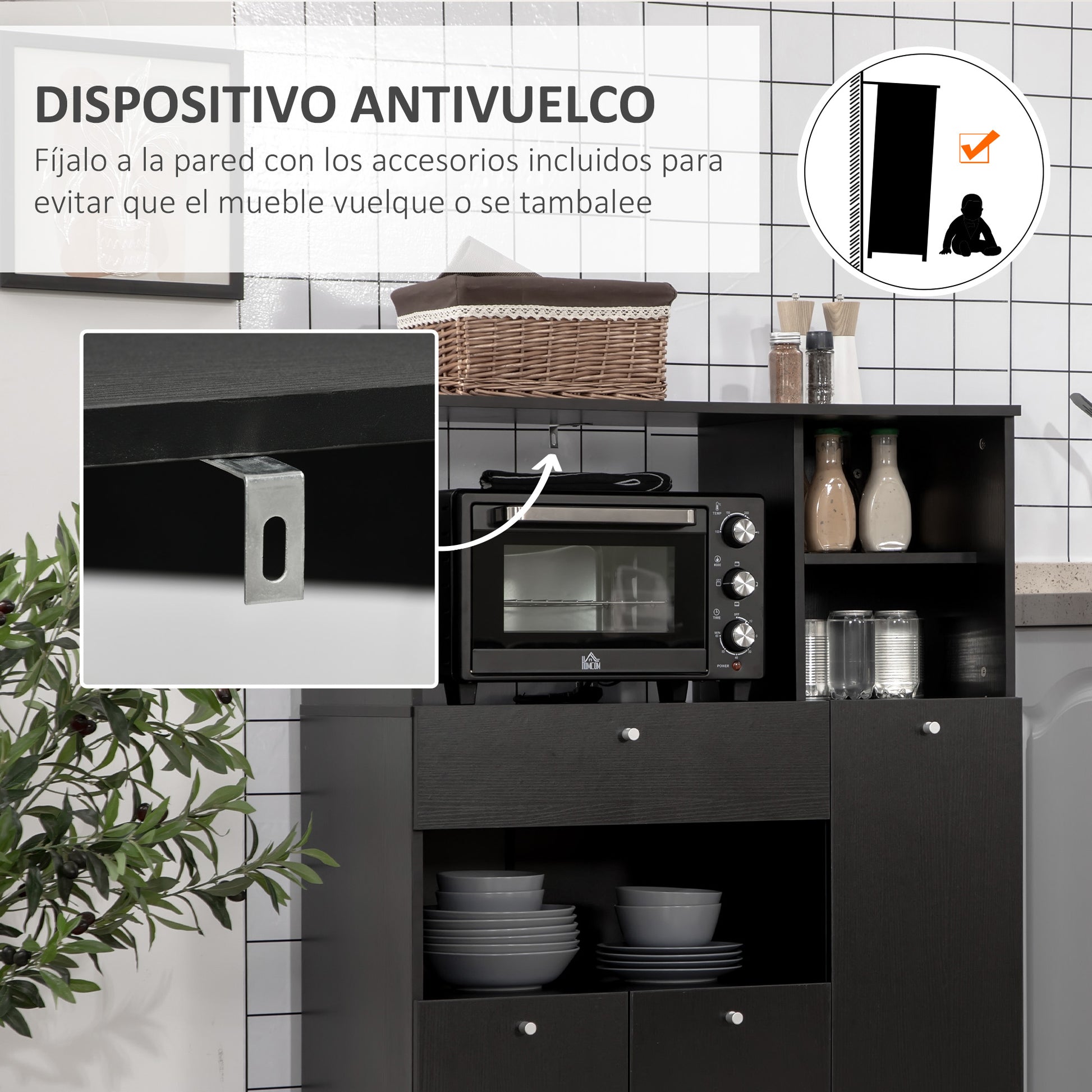 Kitchen Storage Cabinet Microwave Stand Kitchen Buffet with Drawer Shelves 3 Doors 3 Compartments Anti-Tip Design for Dining Room 90x40x120 cm Black