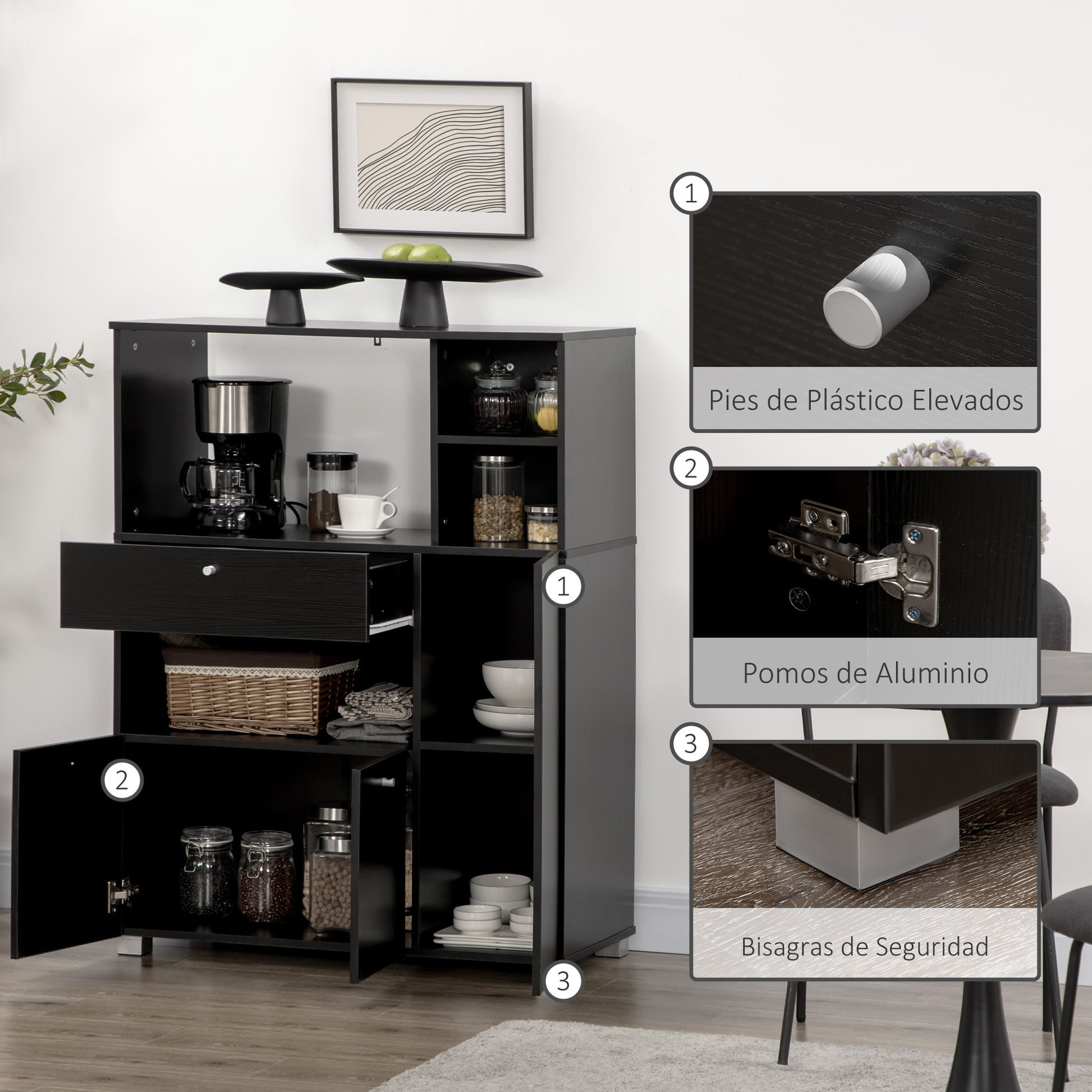 Kitchen Storage Cabinet Microwave Stand Kitchen Buffet with Drawer Shelves 3 Doors 3 Compartments Anti-Tip Design for Dining Room 90x40x120 cm Black