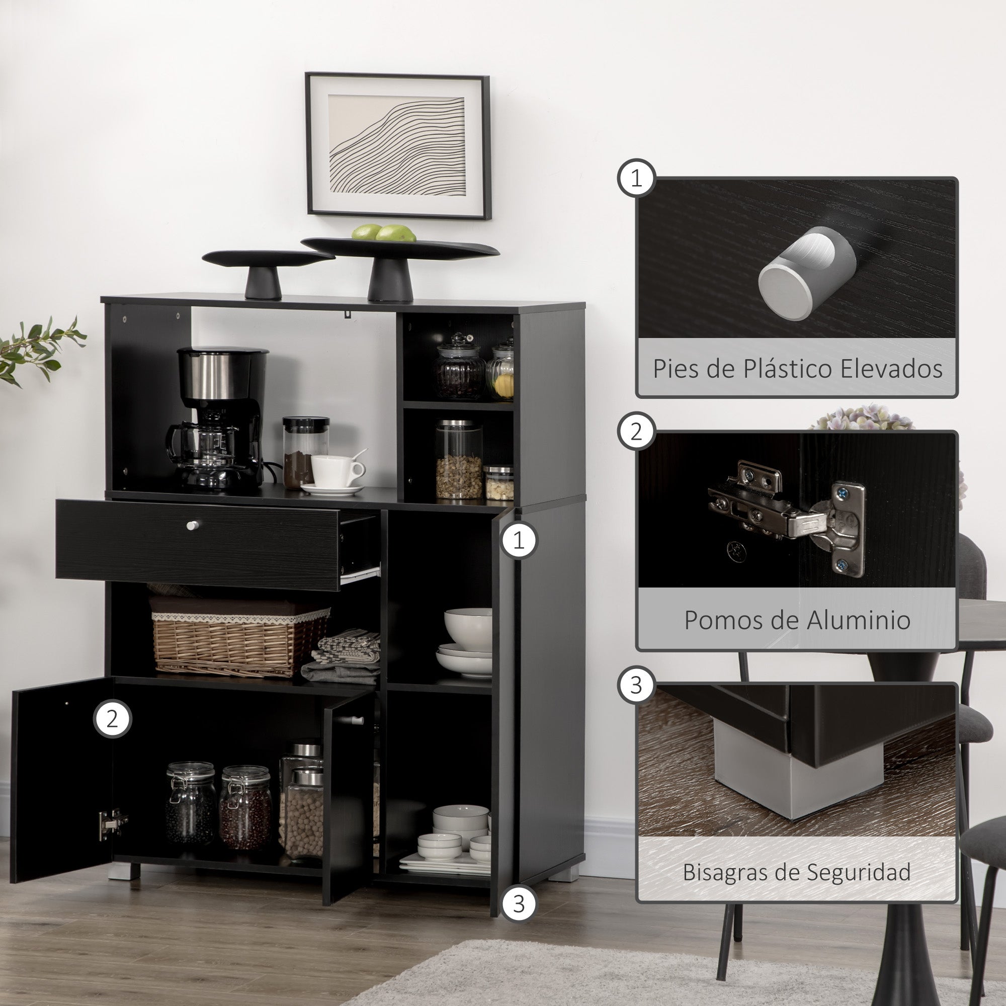 Kitchen Storage Cabinet Microwave Stand Kitchen Buffet with Drawer Shelves 3 Doors 3 Compartments Anti-Tip Design for Dining Room 90x40x120 cm Black