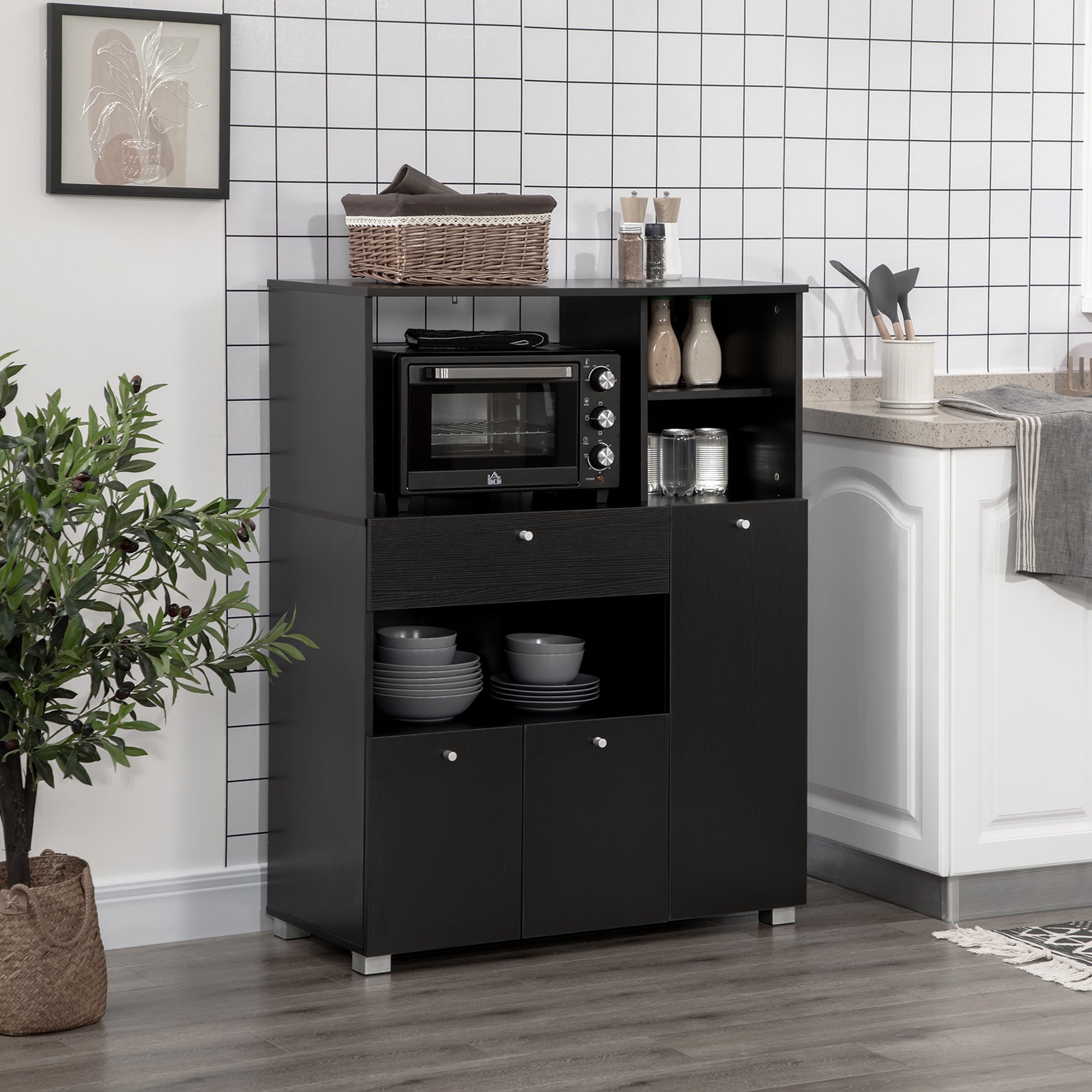 Kitchen Storage Cabinet Microwave Stand Kitchen Buffet with Drawer Shelves 3 Doors 3 Compartments Anti-Tip Design for Dining Room 90x40x120 cm Black