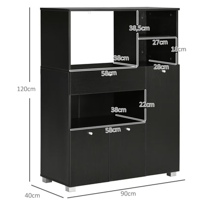 Kitchen Storage Cabinet Microwave Stand Kitchen Buffet with Drawer Shelves 3 Doors 3 Compartments Anti-Tip Design for Dining Room 90x40x120 cm Black