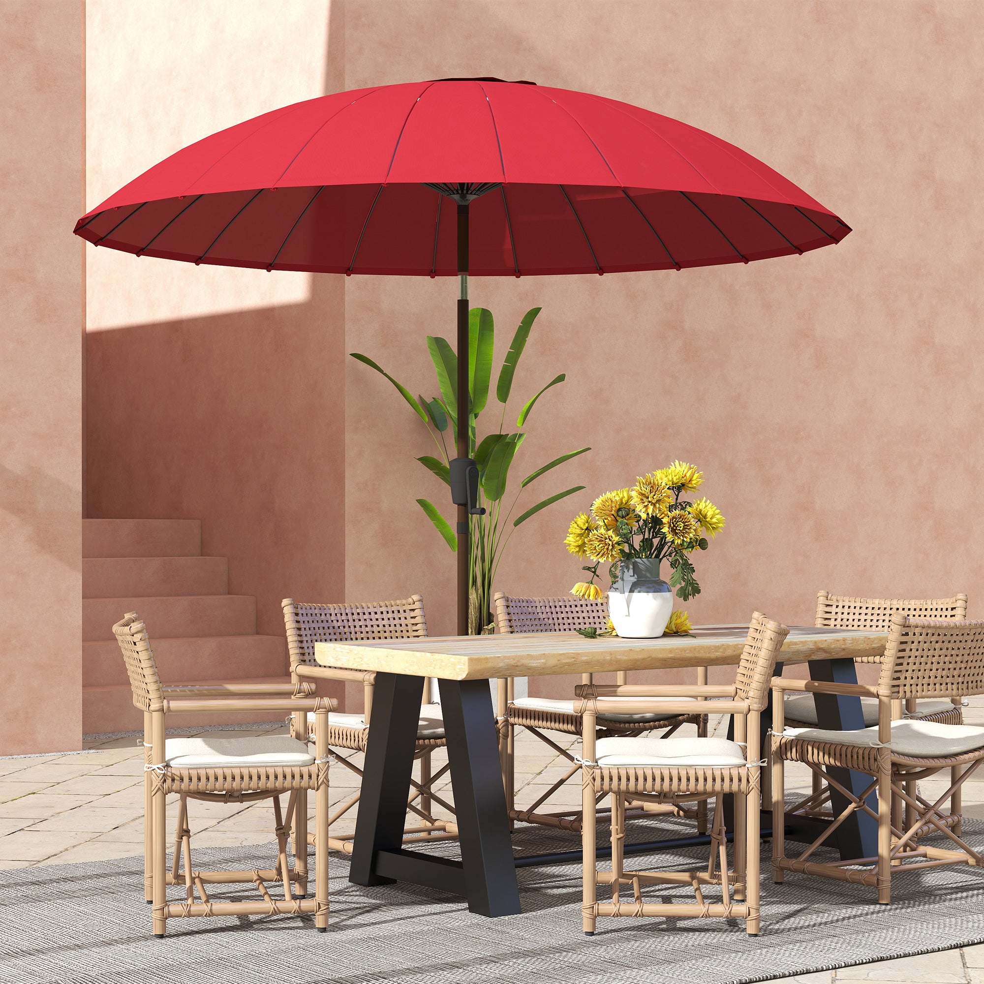 Garden Umbrella Straight Tilting Round Umbrella with 24 Fiberglass Ribs Crank Handle Aluminum Fiberglass Polyester Diameter 2.60m Color Red