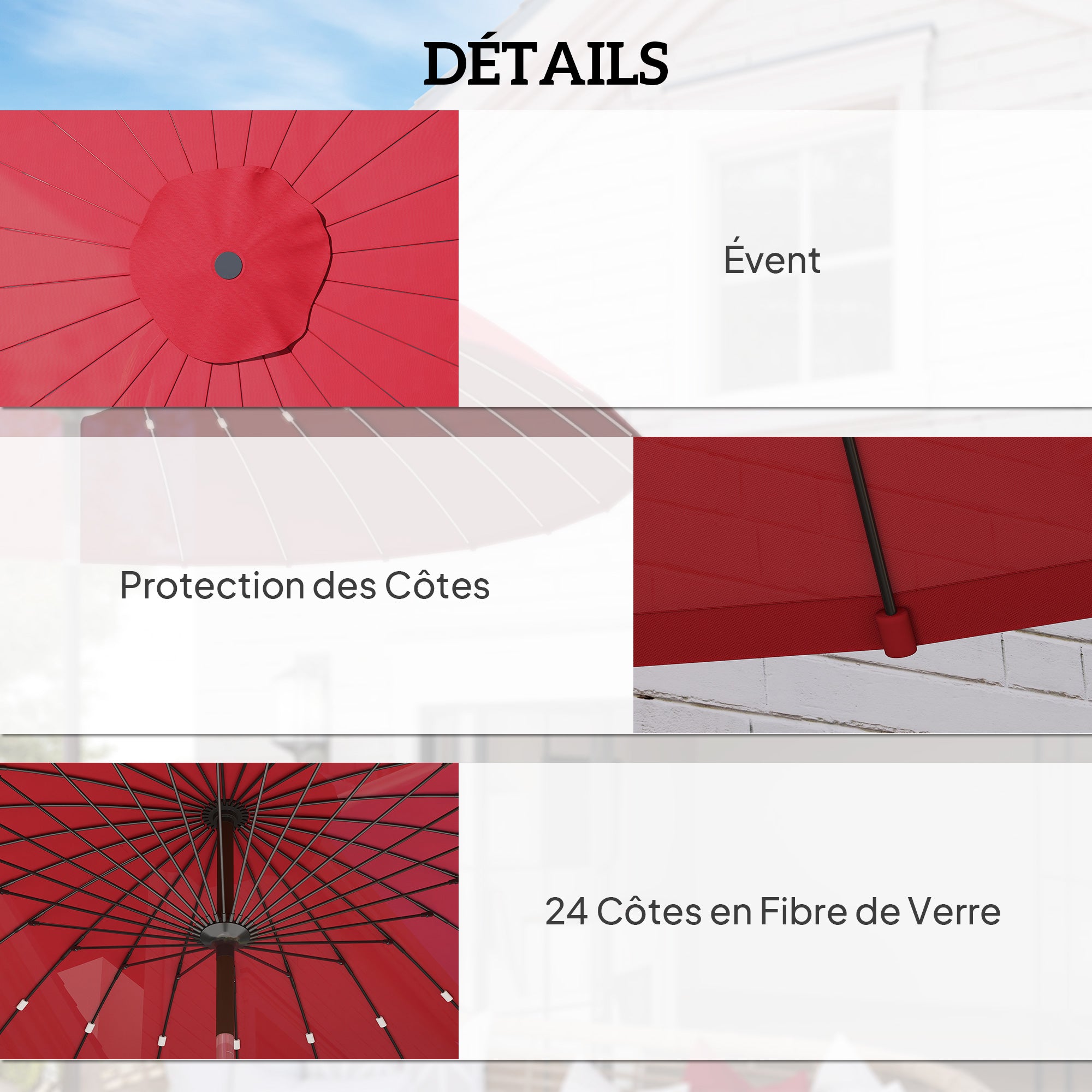 Garden Umbrella Straight Tilting Round Umbrella with 24 Fiberglass Ribs Crank Handle Aluminum Fiberglass Polyester Diameter 2.60m Color Red