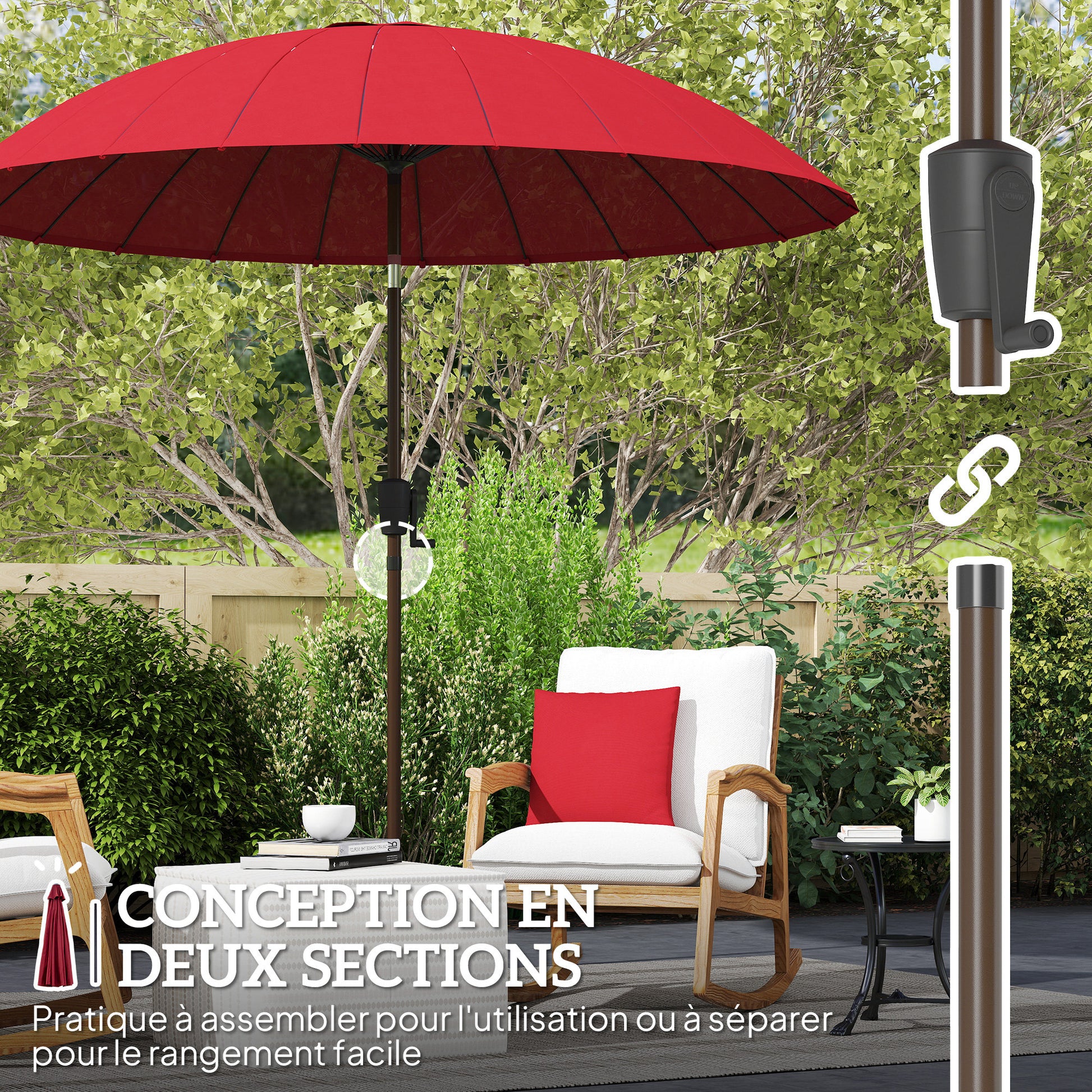 Garden Umbrella Straight Tilting Round Umbrella with 24 Fiberglass Ribs Crank Handle Aluminum Fiberglass Polyester Diameter 2.60m Color Red