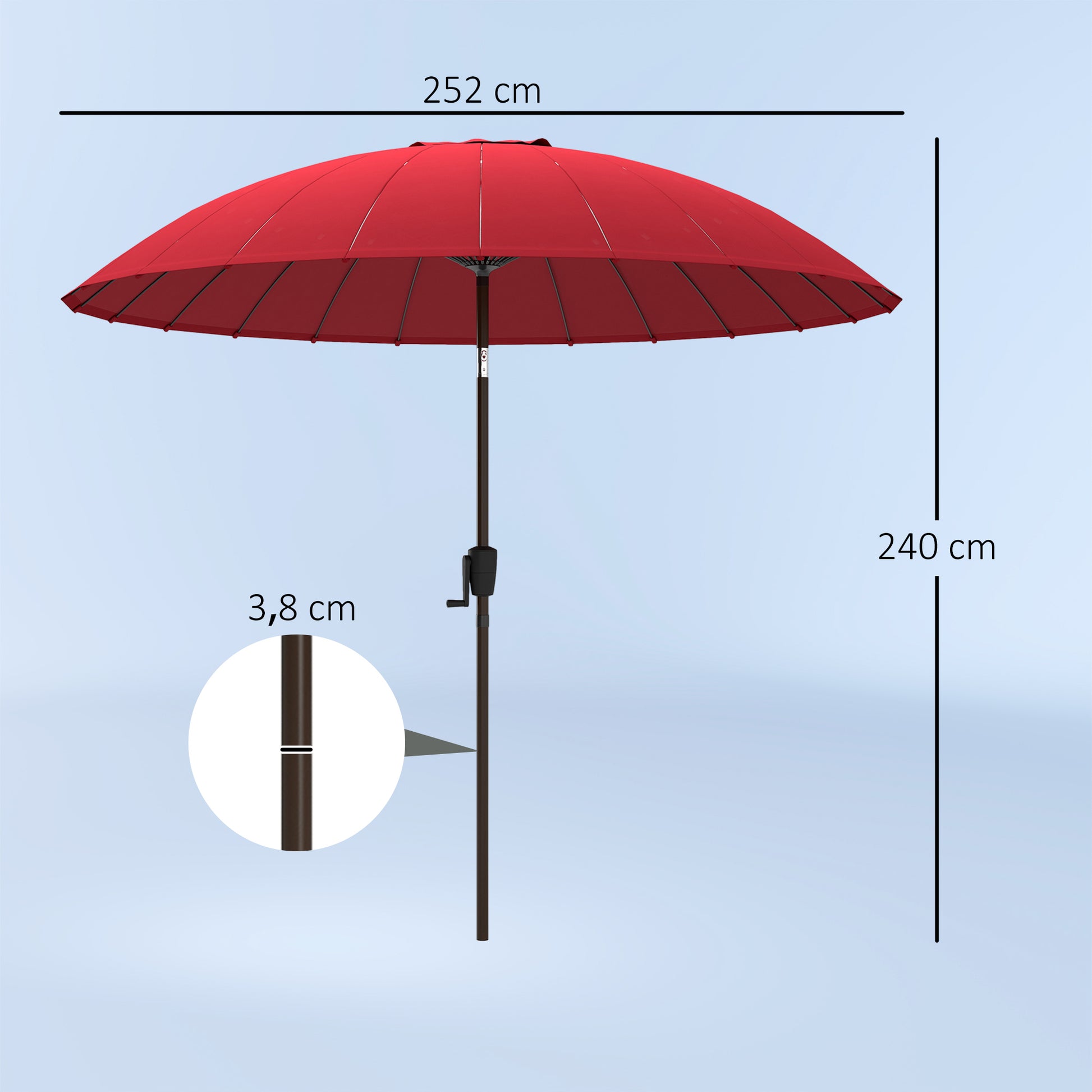 Garden Umbrella Straight Tilting Round Umbrella with 24 Fiberglass Ribs Crank Handle Aluminum Fiberglass Polyester Diameter 2.60m Color Red