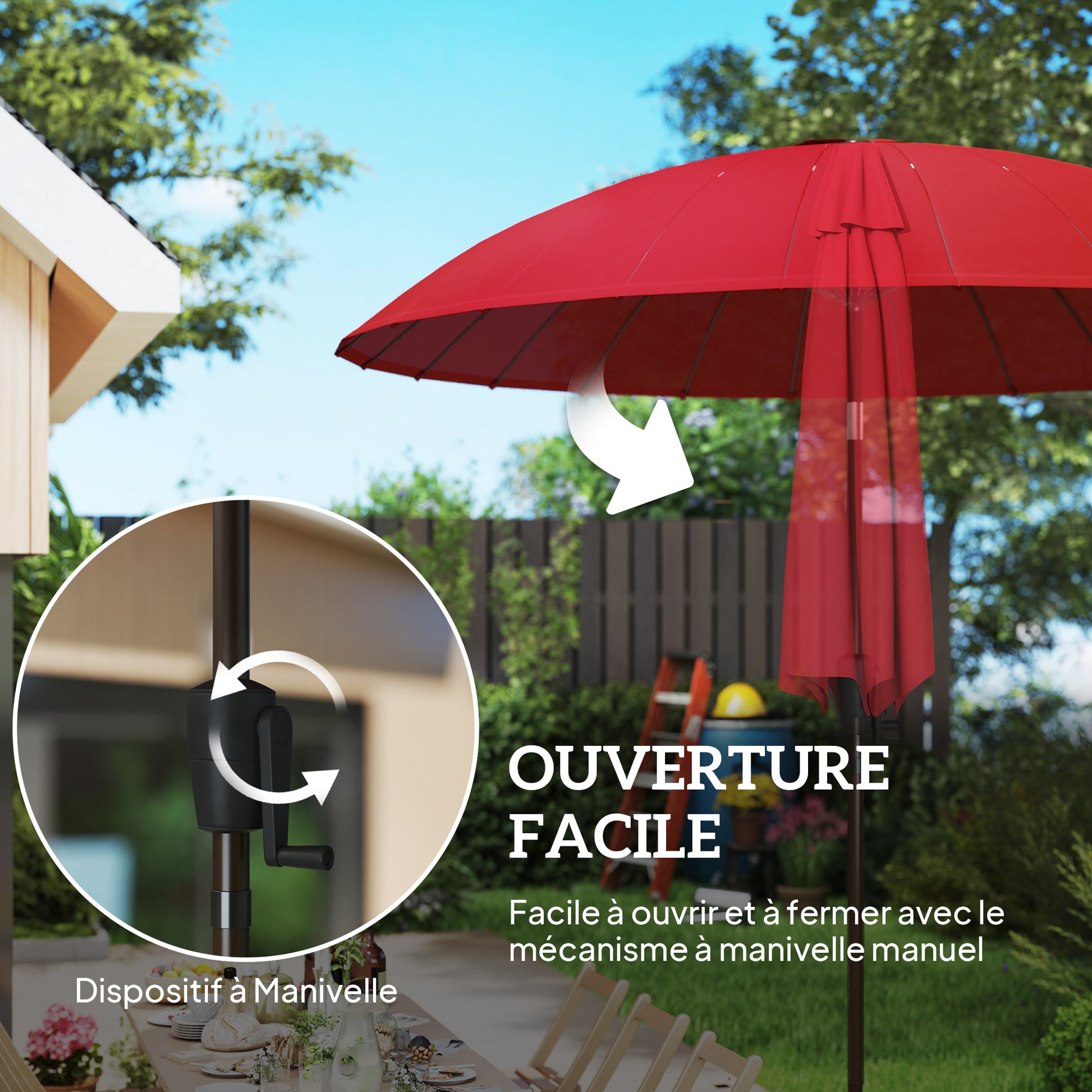 Garden Umbrella Straight Tilting Round Umbrella with 24 Fiberglass Ribs Crank Handle Aluminum Fiberglass Polyester Diameter 2.60m Color Red