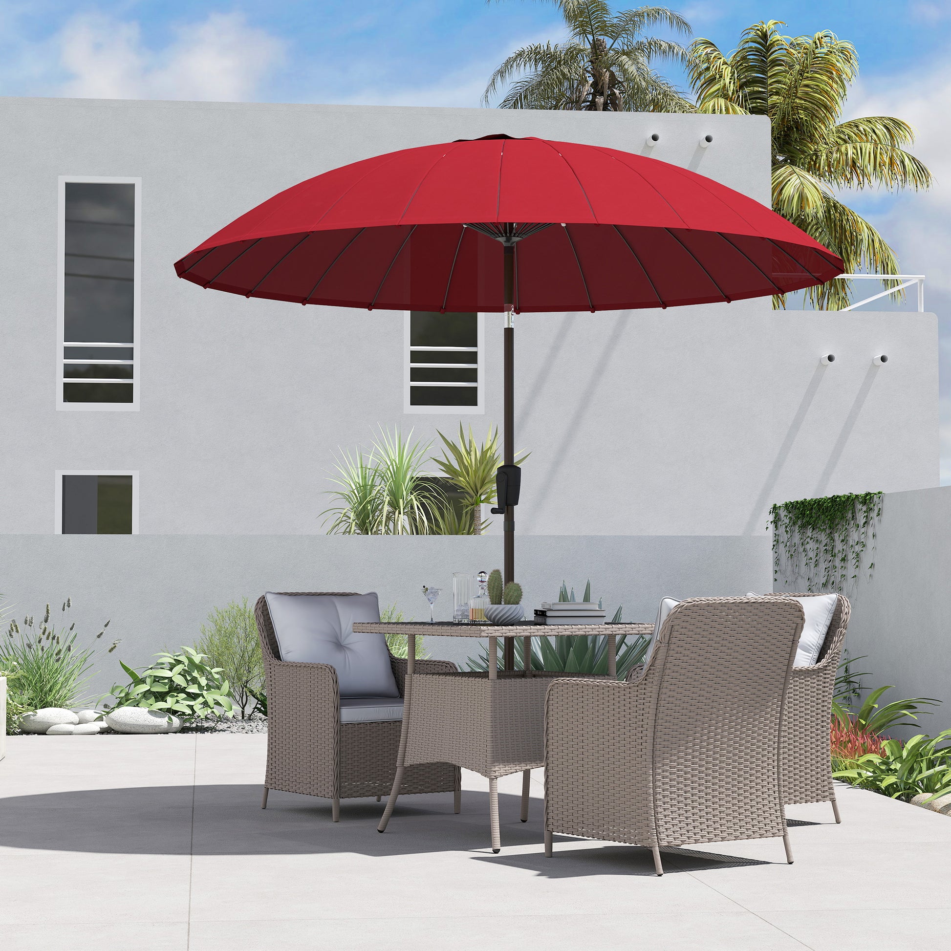 Garden Umbrella Straight Tilting Round Umbrella with 24 Fiberglass Ribs Crank Handle Aluminum Fiberglass Polyester Diameter 2.60m Color Red