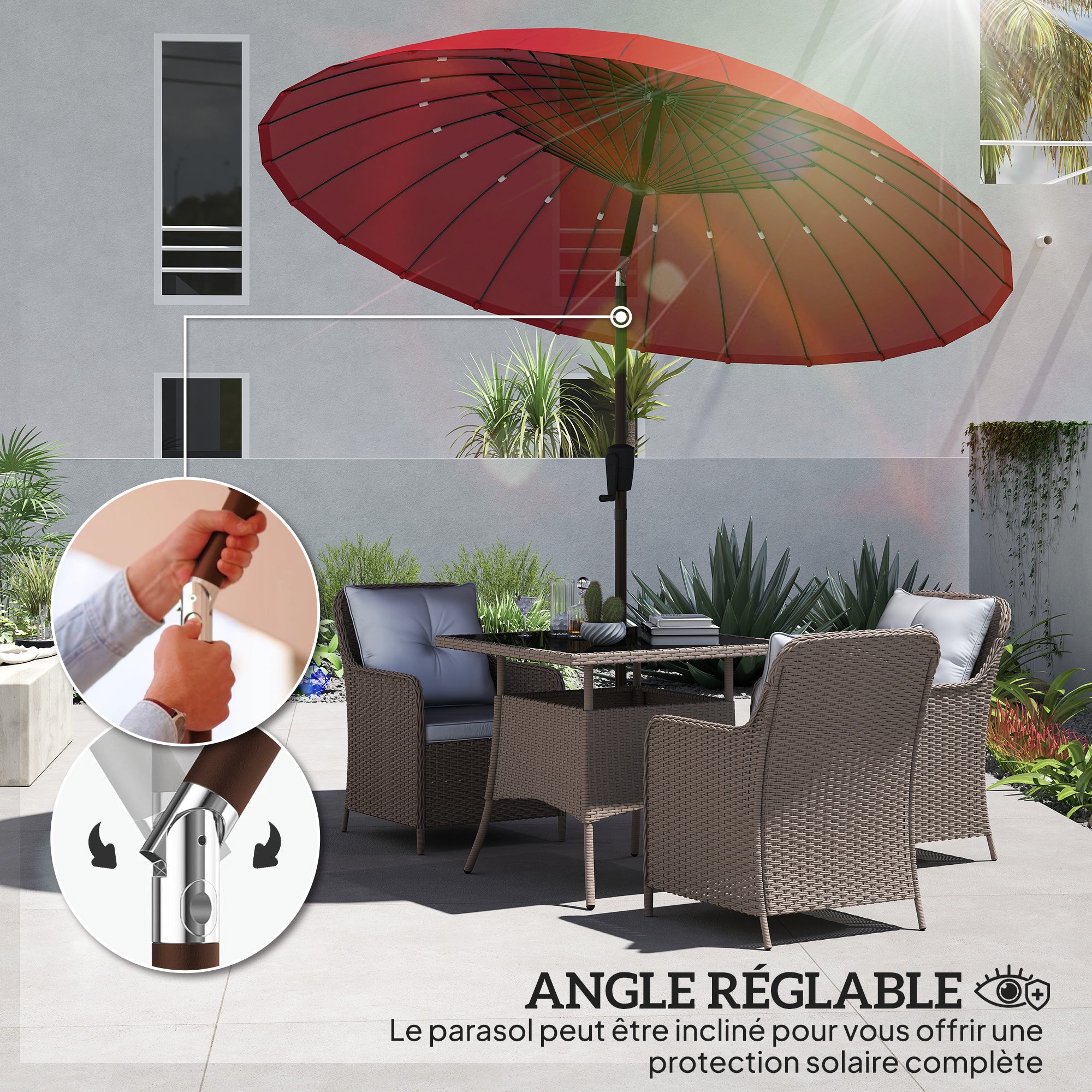 Garden Umbrella Straight Tilting Round Umbrella with 24 Fiberglass Ribs Crank Handle Aluminum Fiberglass Polyester Diameter 2.60m Color Red