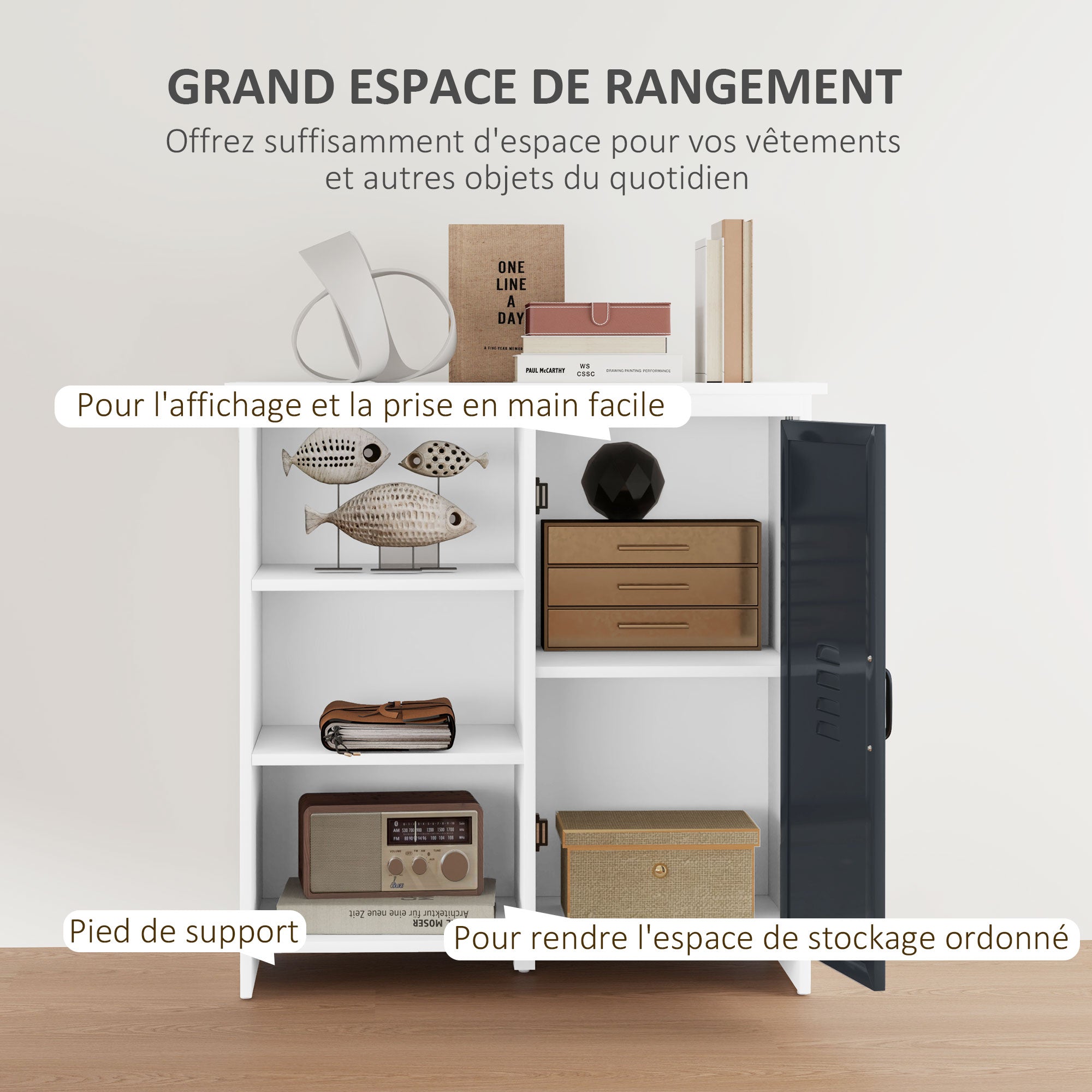 Modern Buffet - Storage Unit on Feet 3 Niches Cupboard - in Wood and Gray Metal Door
