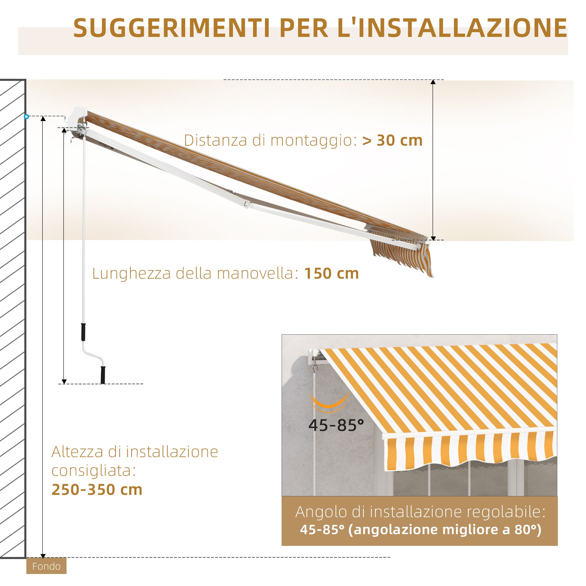 Manual Retractable Awning 295 x 245 cm Outdoor Terrace Awning with Crank, Adjustable Angle 45°-85°, Aluminum and 280g/m² Polyester, Terrace Awning, Balcony, Courtyard, Orange