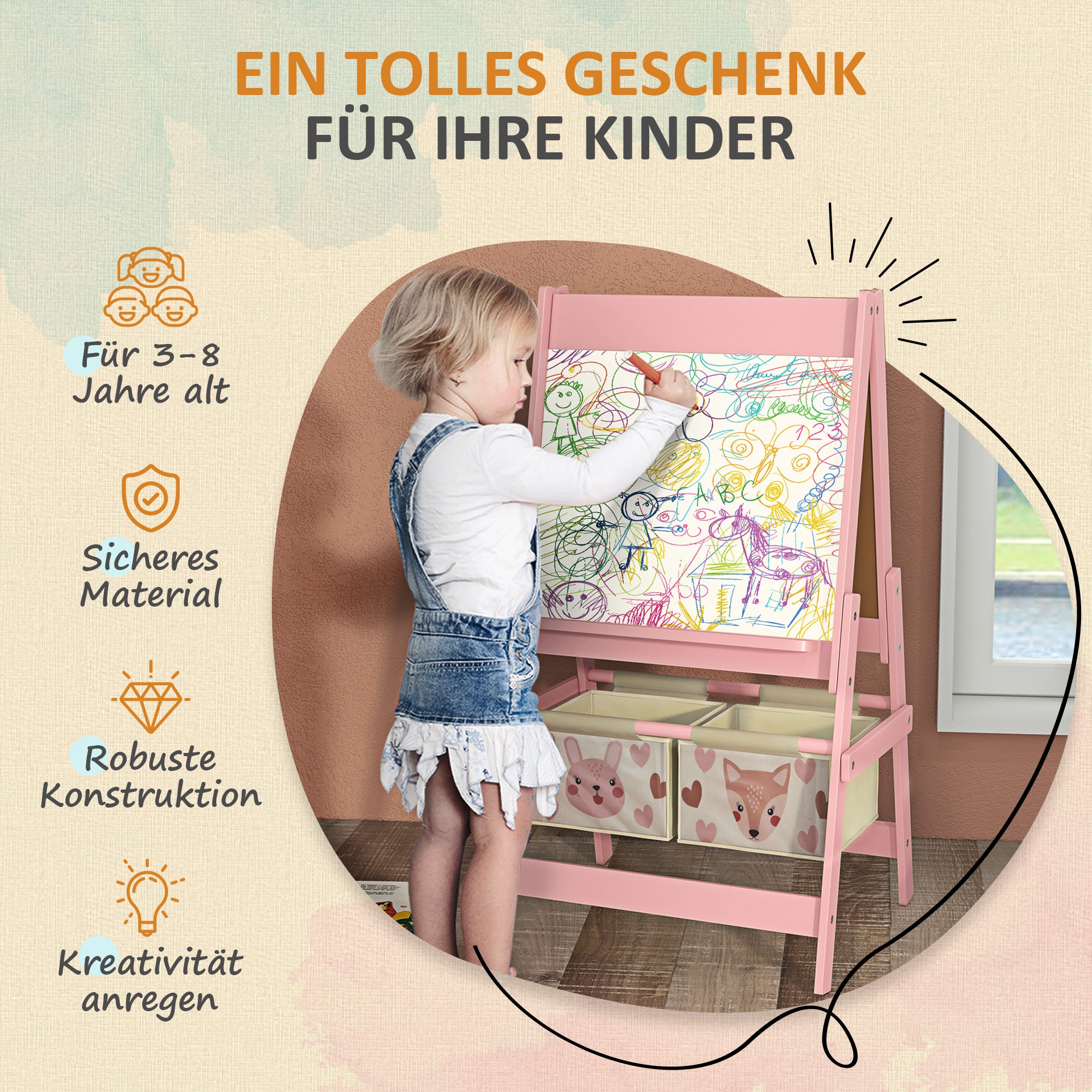 Children's Chalkboard, 3-in-1 Kids Easel, Double-Sided Kids Play Table, Whiteboard & Chalkboard, Stand with Paper Roll, 2 Storage Boxes, Other Accessories