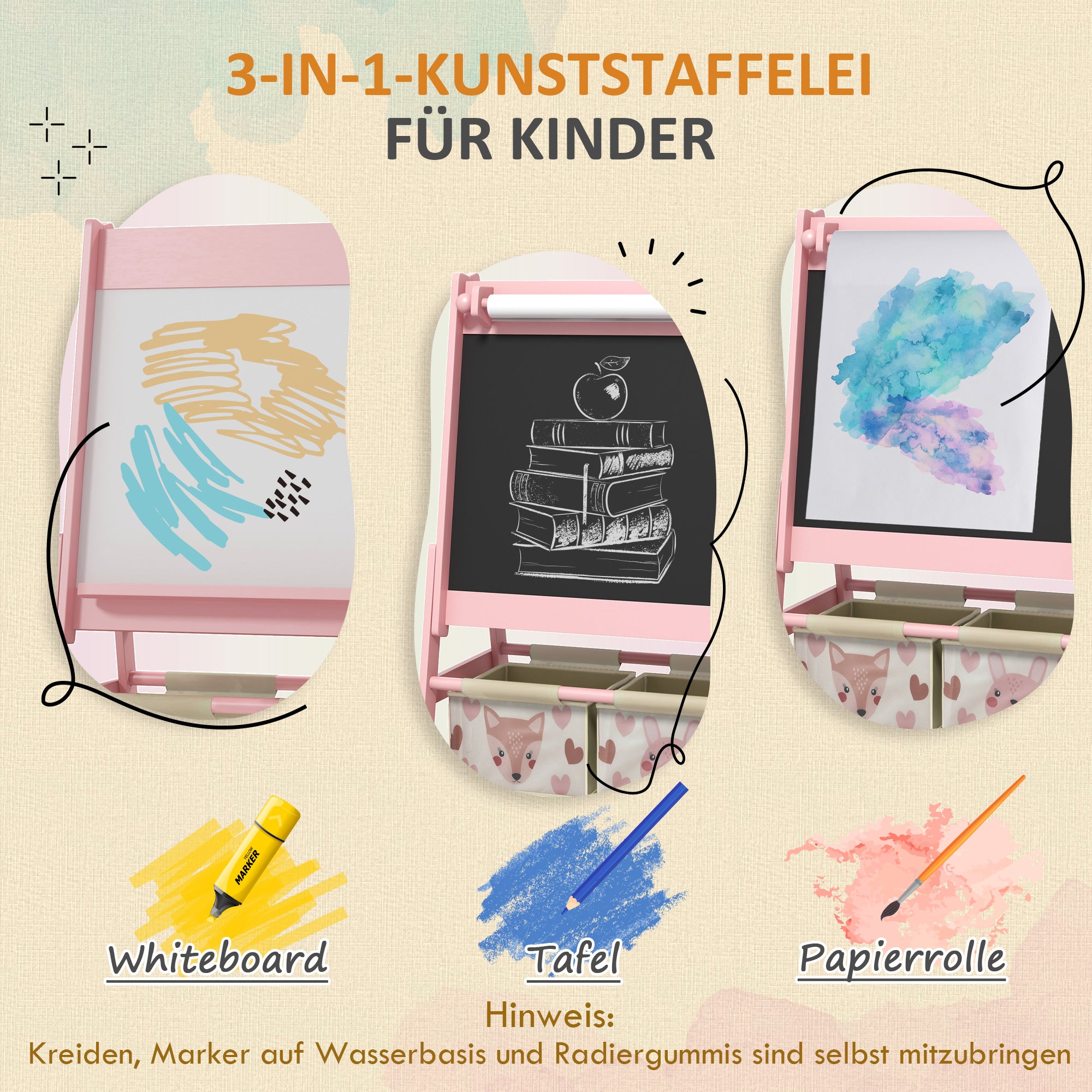 Children's Chalkboard, 3-in-1 Kids Easel, Double-Sided Kids Play Table, Whiteboard & Chalkboard, Stand with Paper Roll, 2 Storage Boxes, Other Accessories