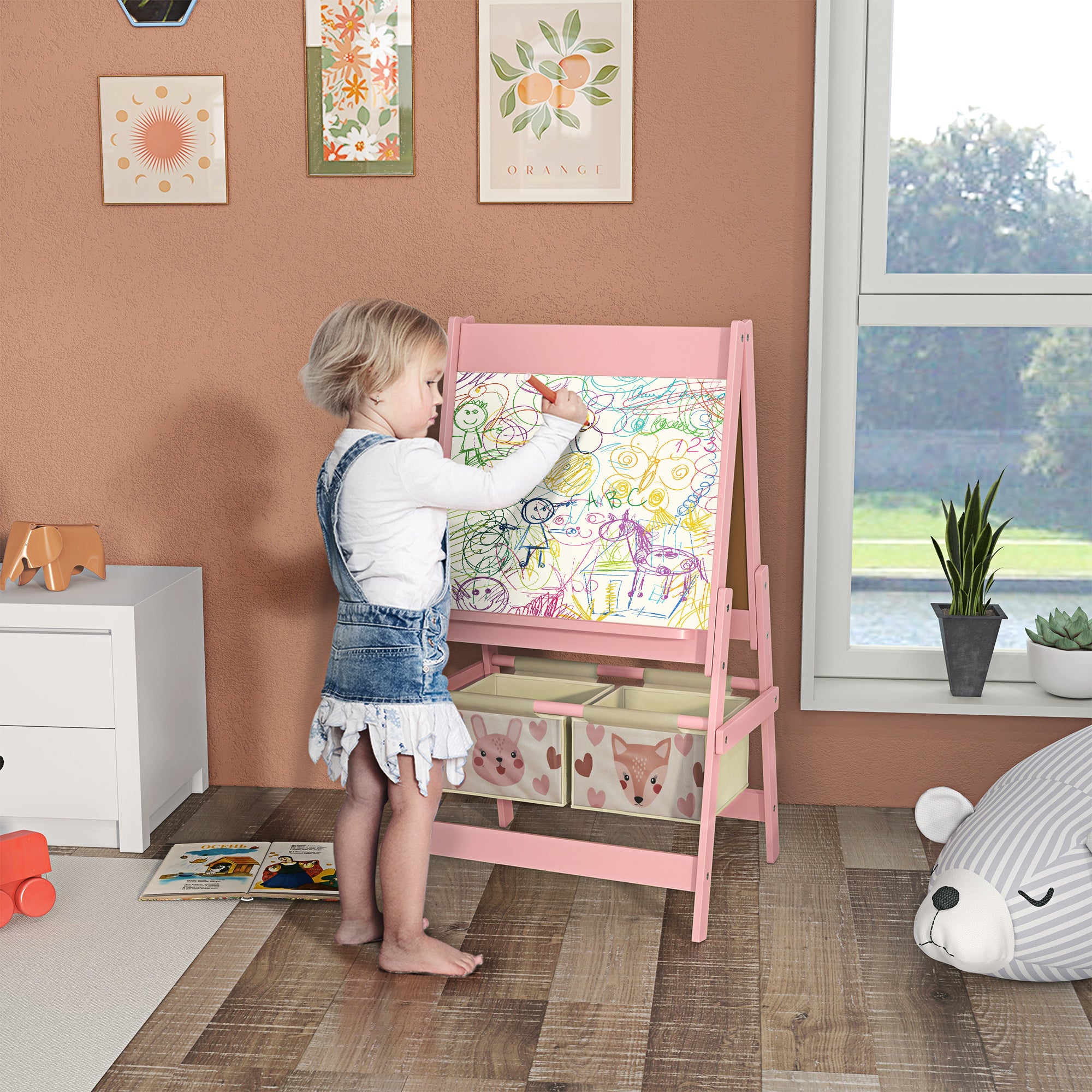 Children's Chalkboard, 3-in-1 Kids Easel, Double-Sided Kids Play Table, Whiteboard & Chalkboard, Stand with Paper Roll, 2 Storage Boxes, Other Accessories