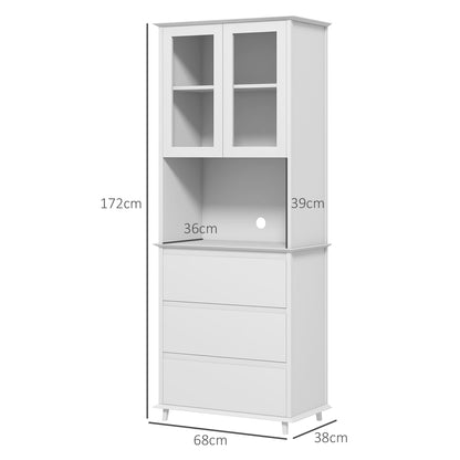 White Wooden Kitchen Buffet Storage Cabinet with 2 Glass Doors 3 Drawers and Central Niche 68L x 38W x 172H cm