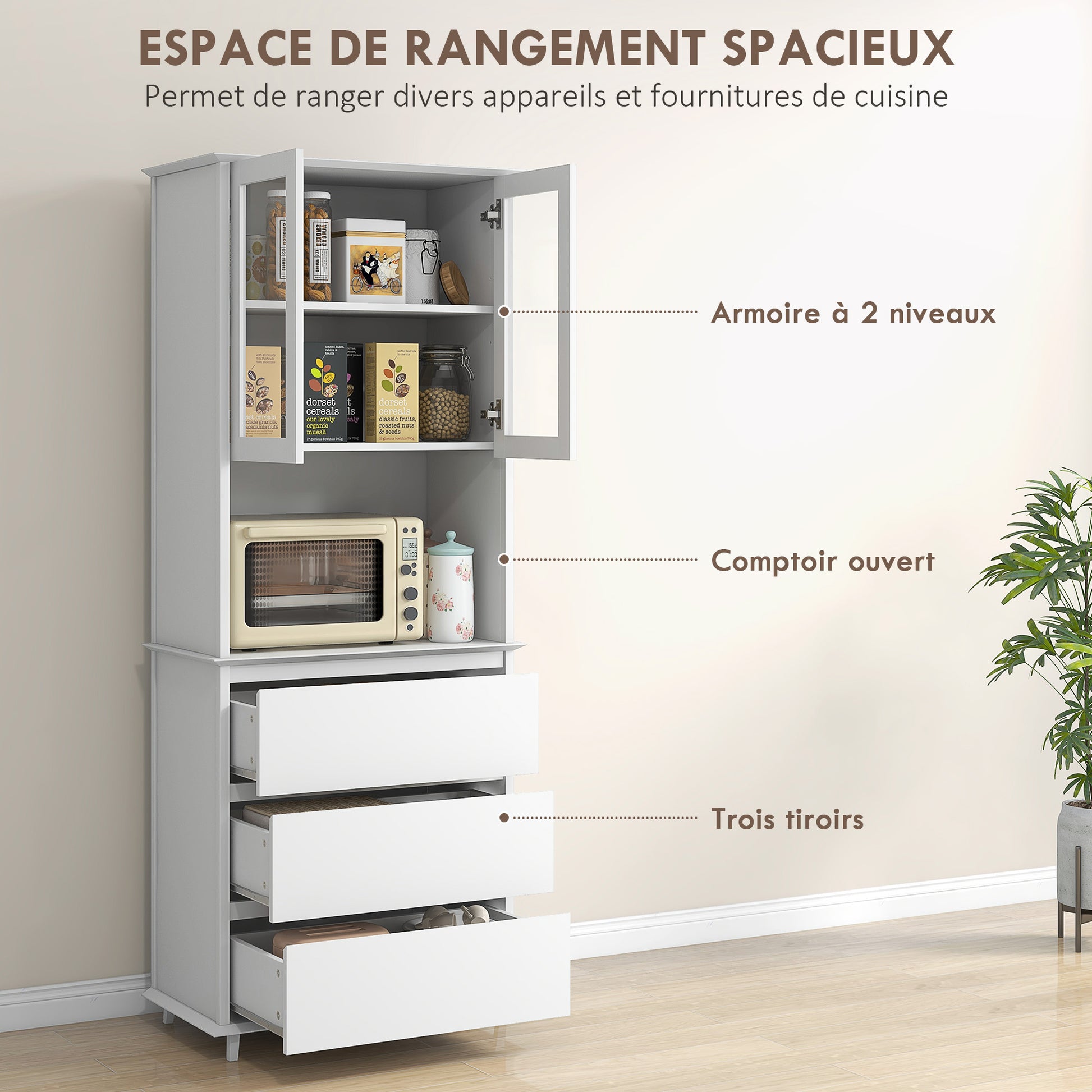 White Wooden Kitchen Buffet Storage Cabinet with 2 Glass Doors 3 Drawers and Central Niche 68L x 38W x 172H cm