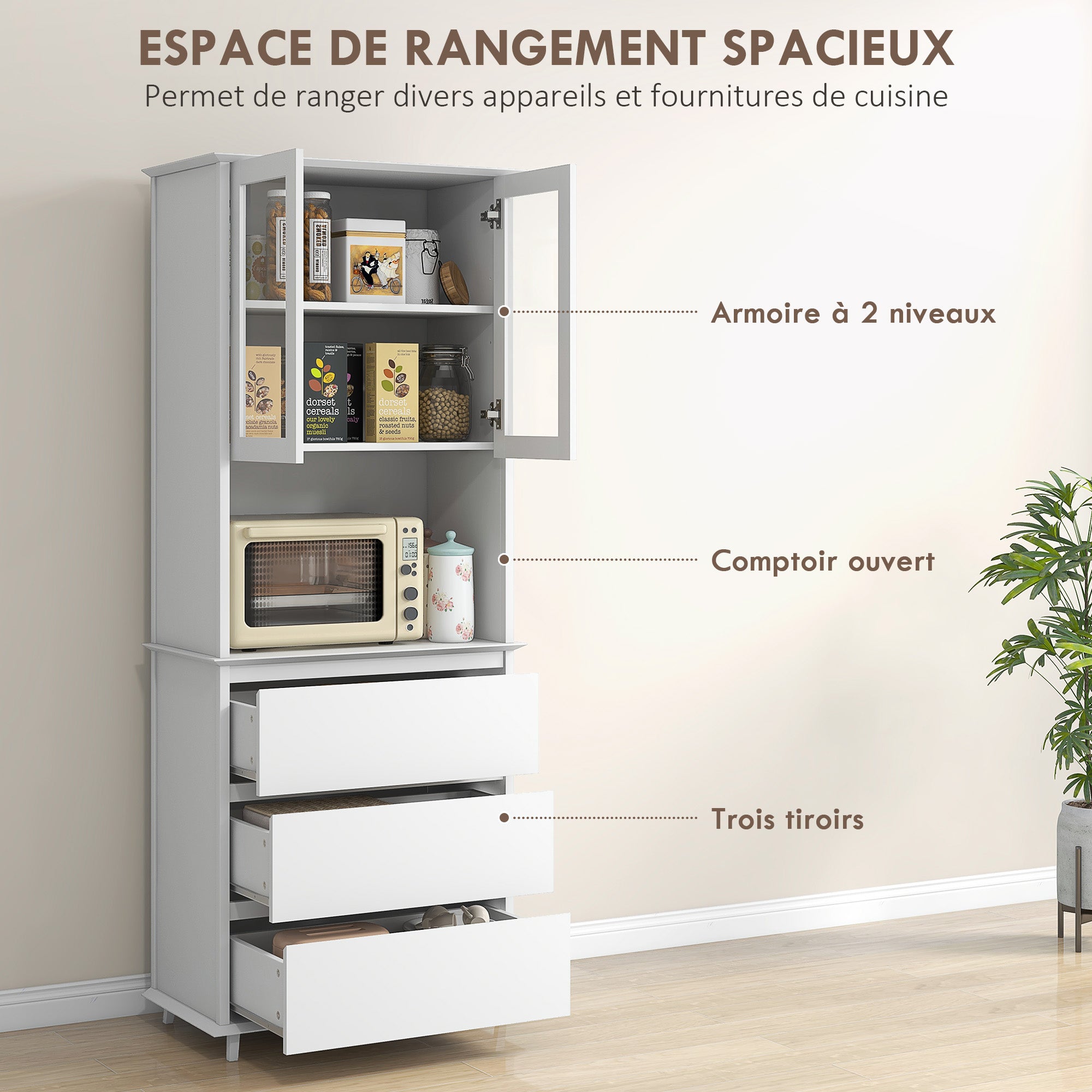 White Wooden Kitchen Buffet Storage Cabinet with 2 Glass Doors 3 Drawers and Central Niche 68L x 38W x 172H cm