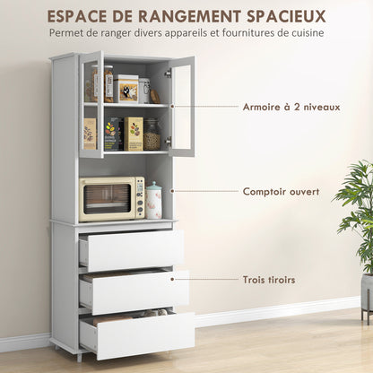 White Wooden Kitchen Buffet Storage Cabinet with 2 Glass Doors 3 Drawers and Central Niche 68L x 38W x 172H cm