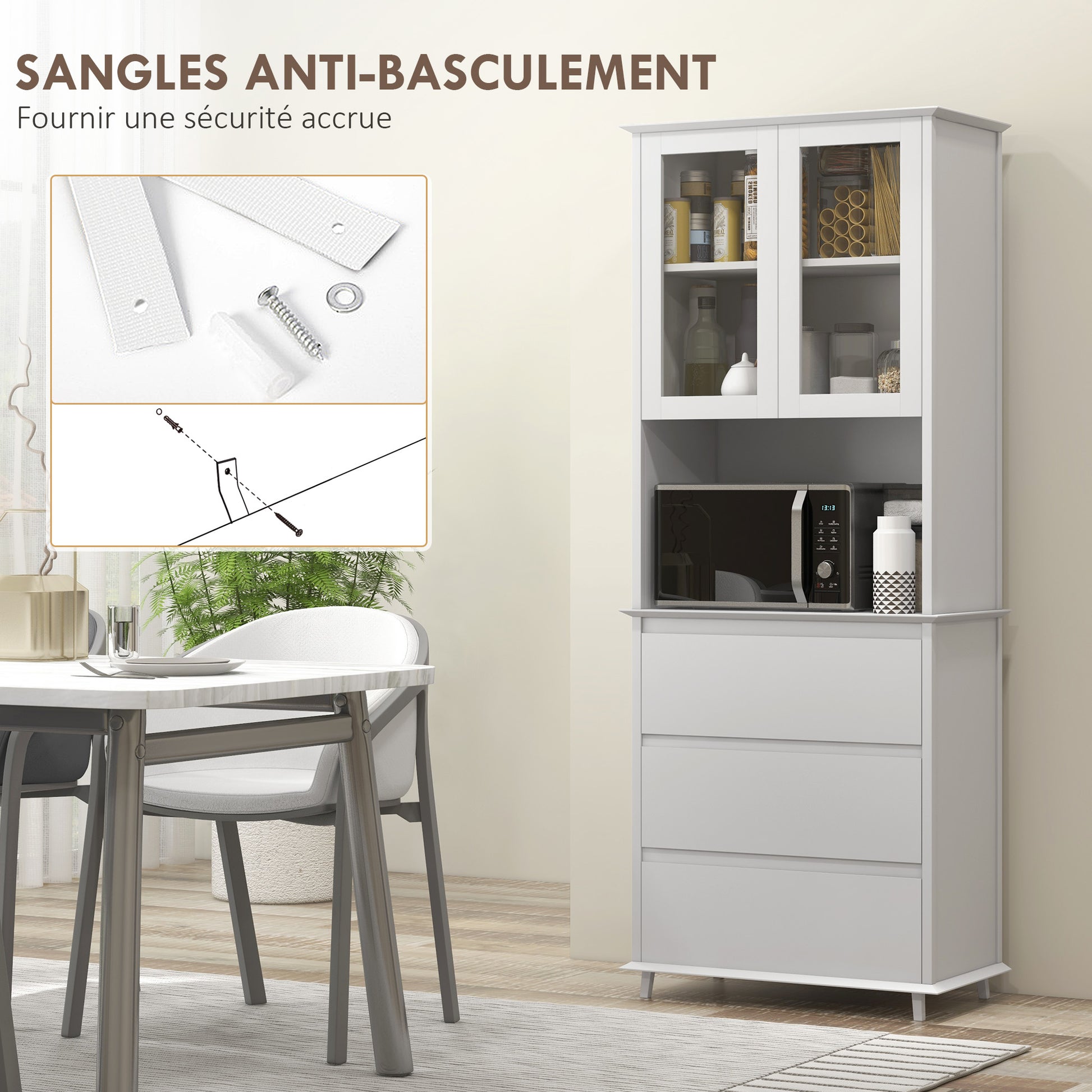 White Wooden Kitchen Buffet Storage Cabinet with 2 Glass Doors 3 Drawers and Central Niche 68L x 38W x 172H cm