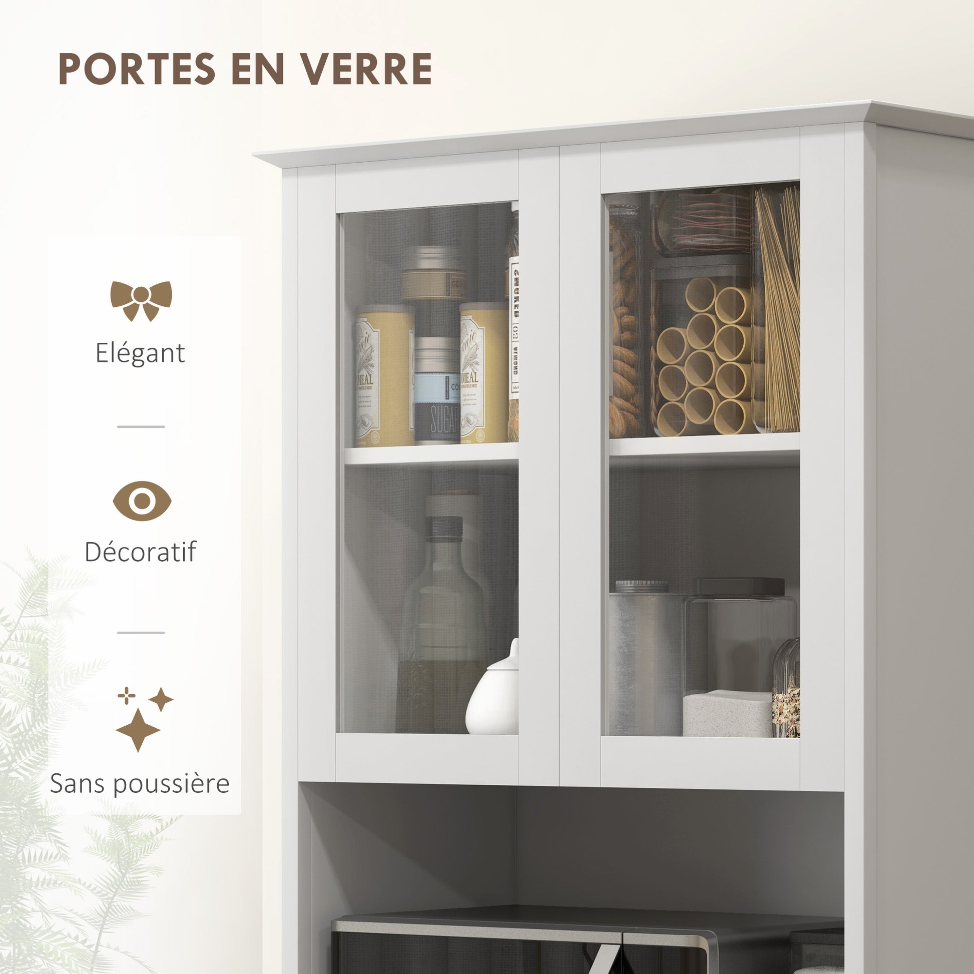 White Wooden Kitchen Buffet Storage Cabinet with 2 Glass Doors 3 Drawers and Central Niche 68L x 38W x 172H cm