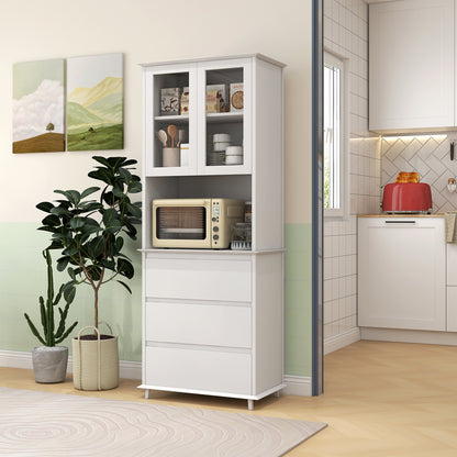 White Wooden Kitchen Buffet Storage Cabinet with 2 Glass Doors 3 Drawers and Central Niche 68L x 38W x 172H cm
