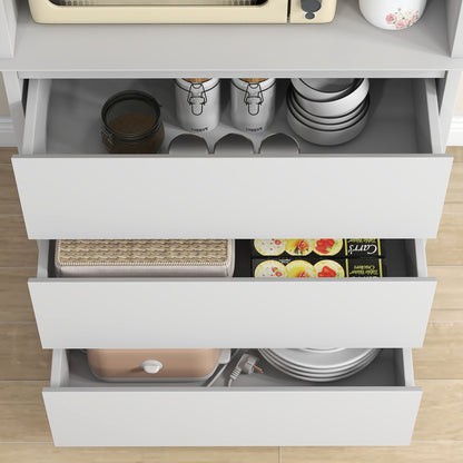 White Wooden Kitchen Buffet Storage Cabinet with 2 Glass Doors 3 Drawers and Central Niche 68L x 38W x 172H cm