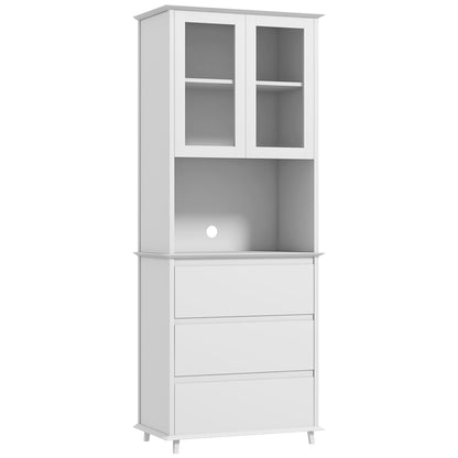 White Wooden Kitchen Buffet Storage Cabinet with 2 Glass Doors 3 Drawers and Central Niche 68L x 38W x 172H cm