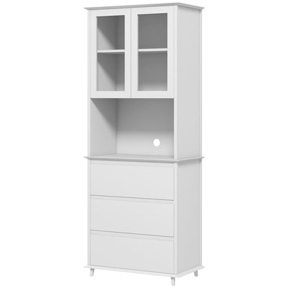 White Wooden Kitchen Buffet Storage Cabinet with 2 Glass Doors 3 Drawers and Central Niche 68L x 38W x 172H cm