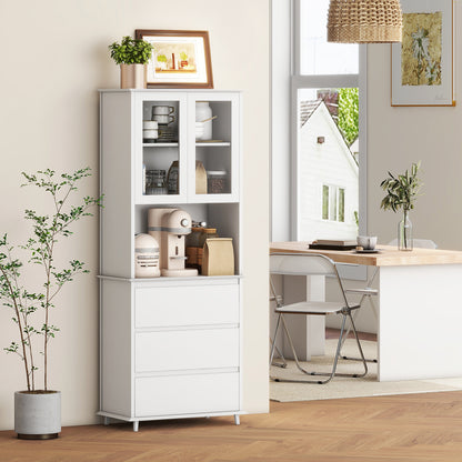 White Wooden Kitchen Buffet Storage Cabinet with 2 Glass Doors 3 Drawers and Central Niche 68L x 38W x 172H cm