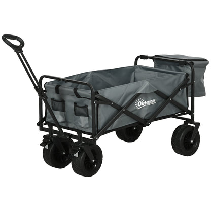 Folding Wagon Transport Cart with Cooler, Beach Cart with Extendable Handle, Garden Wagon up to 100 kg Load Capacity, Oxford, Dark Gray