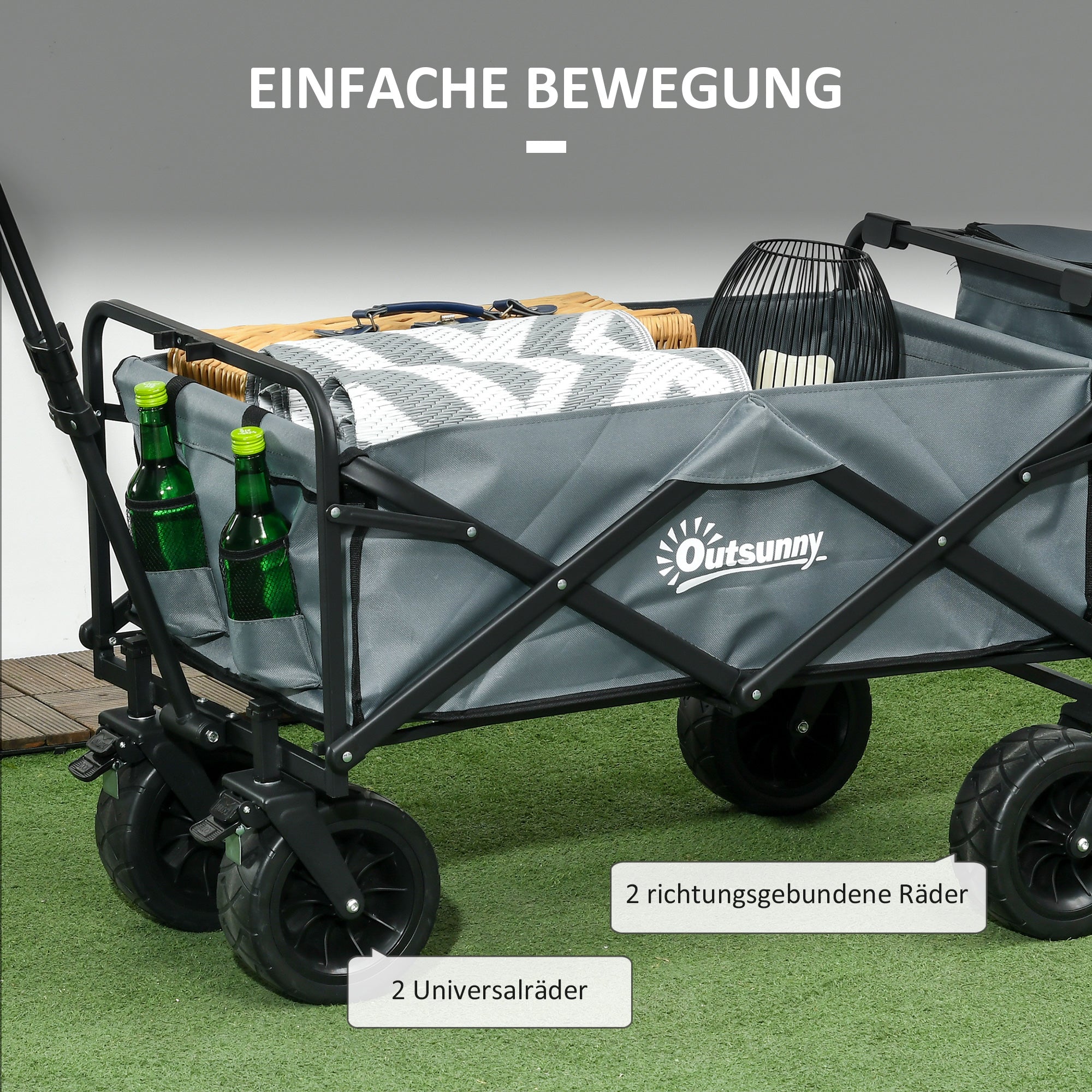 Folding Wagon Transport Cart with Cooler, Beach Cart with Extendable Handle, Garden Wagon up to 100 kg Load Capacity, Oxford, Dark Gray