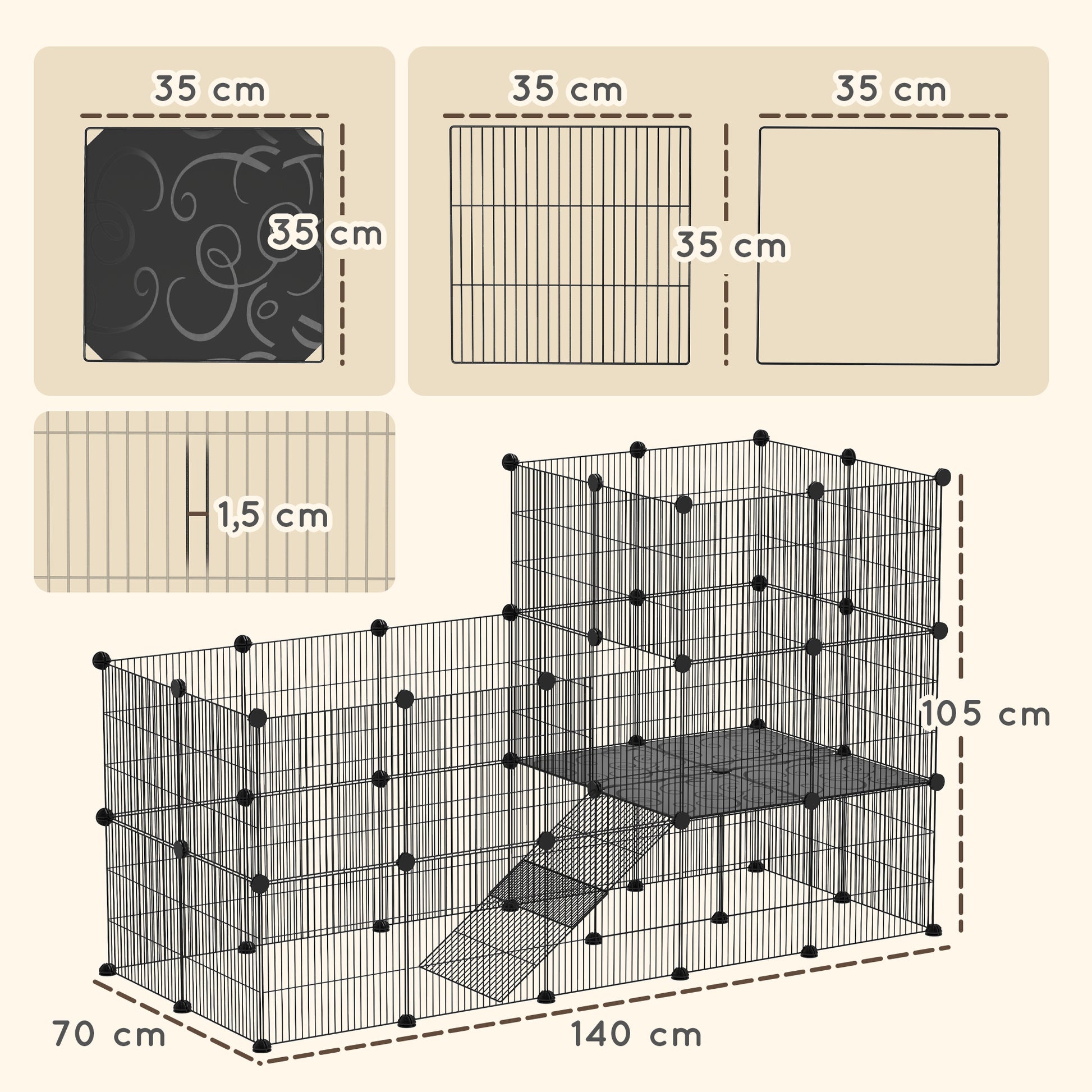 Outdoor Rabbit Cage with Wire Ramp, Small Animal Cage for Guinea Pigs, Hamsters, Rabbits, 140 x 70 x 105 cm, Black