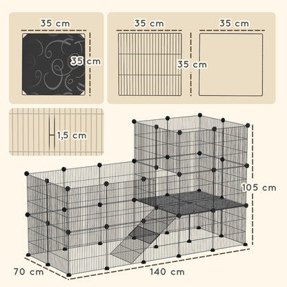 Outdoor Rabbit Cage with Wire Ramp, Small Animal Cage for Guinea Pigs, Hamsters, Rabbits, 140 x 70 x 105 cm, Black