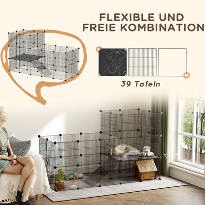 Outdoor Rabbit Cage with Wire Ramp, Small Animal Cage for Guinea Pigs, Hamsters, Rabbits, 140 x 70 x 105 cm, Black