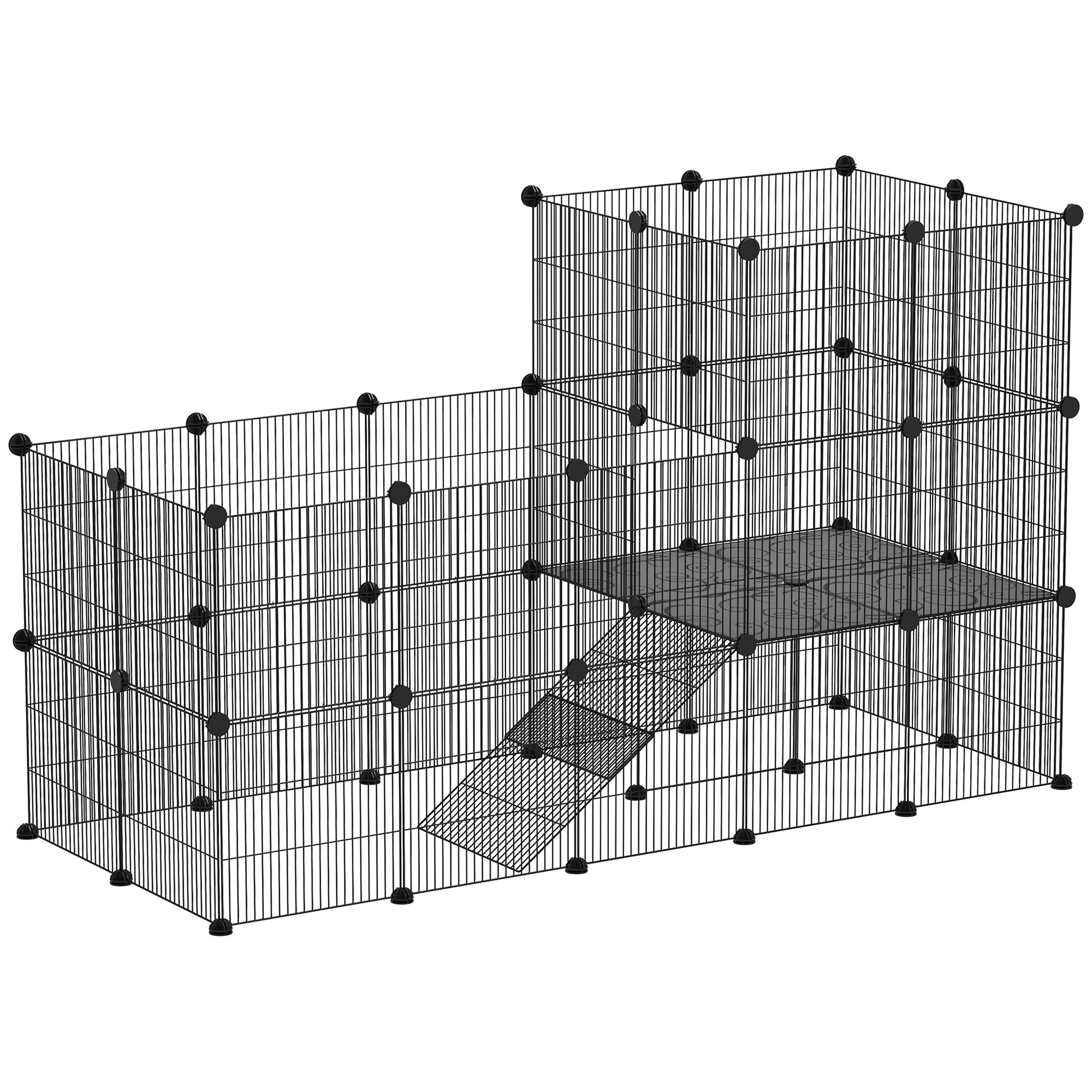 Outdoor Rabbit Cage with Wire Ramp, Small Animal Cage for Guinea Pigs, Hamsters, Rabbits, 140 x 70 x 105 cm, Black
