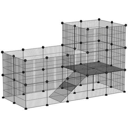 Outdoor Rabbit Cage with Wire Ramp, Small Animal Cage for Guinea Pigs, Hamsters, Rabbits, 140 x 70 x 105 cm, Black