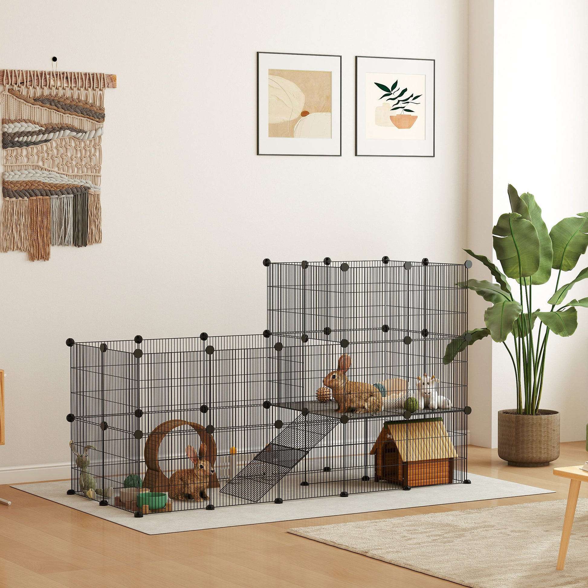Outdoor Rabbit Cage with Wire Ramp, Small Animal Cage for Guinea Pigs, Hamsters, Rabbits, 140 x 70 x 105 cm, Black