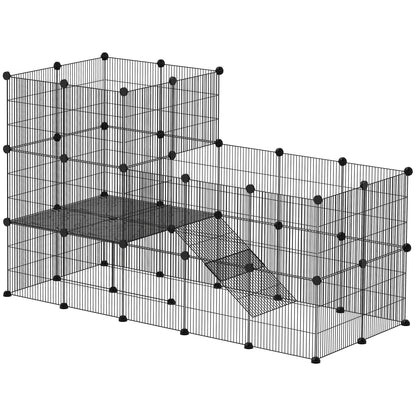 Outdoor Rabbit Cage with Wire Ramp, Small Animal Cage for Guinea Pigs, Hamsters, Rabbits, 140 x 70 x 105 cm, Black