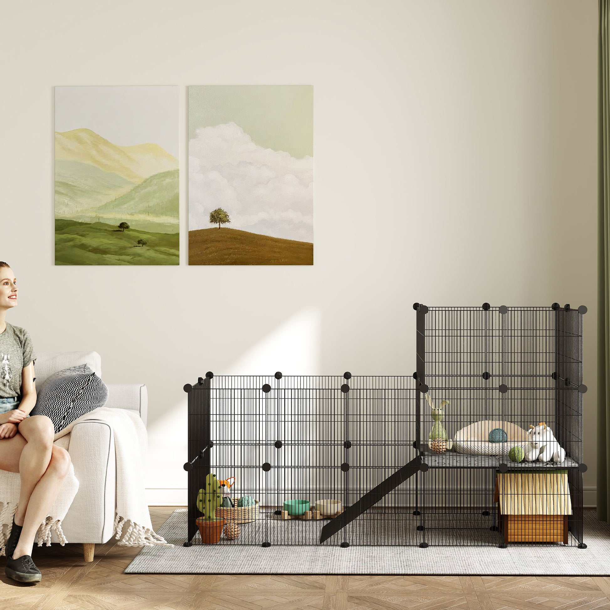 Outdoor Rabbit Cage with Wire Ramp, Small Animal Cage for Guinea Pigs, Hamsters, Rabbits, 140 x 70 x 105 cm, Black