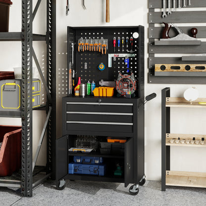 3-Drawer Steel Workshop Cart with Lockable Wheels, Adjustable Shelf & Pegboard - Black