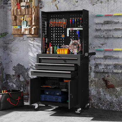 3-Drawer Steel Workshop Cart with Lockable Wheels, Adjustable Shelf & Pegboard - Black