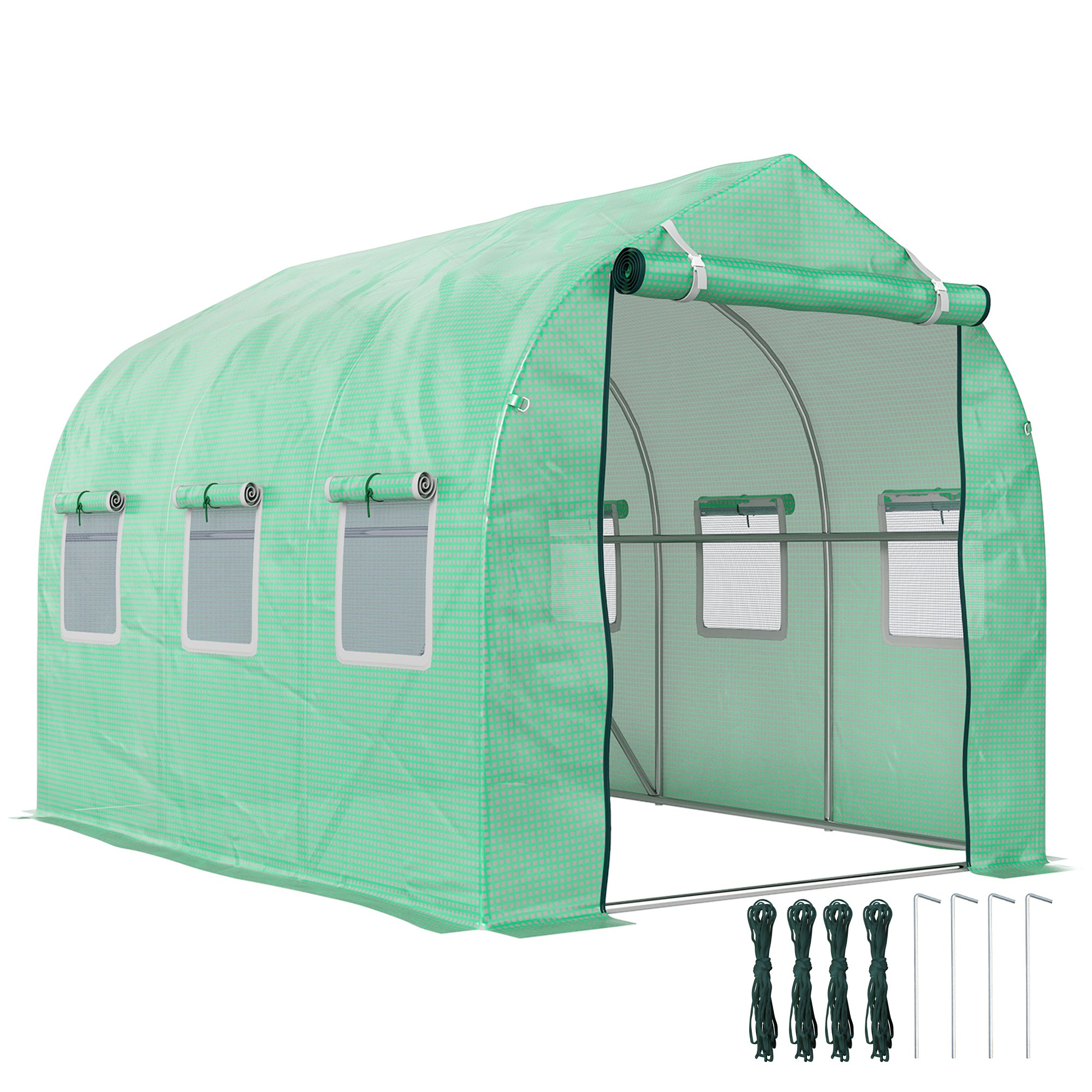 Outdoor Greenhouse 3x2x2 m Tunnel Greenhouse with 6 Mesh Windows and Door Vegetable Greenhouse for Patio Garden Green