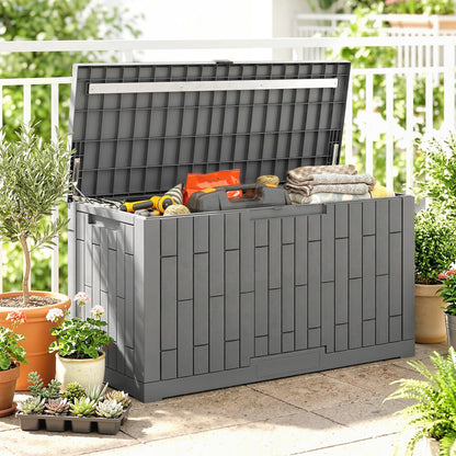 379 L Lockable Outdoor Storage Chest with Gas Strut — UV-Resistant Wood-Effect, Coffee Brown, 122.5 x 56 x 62 cm
