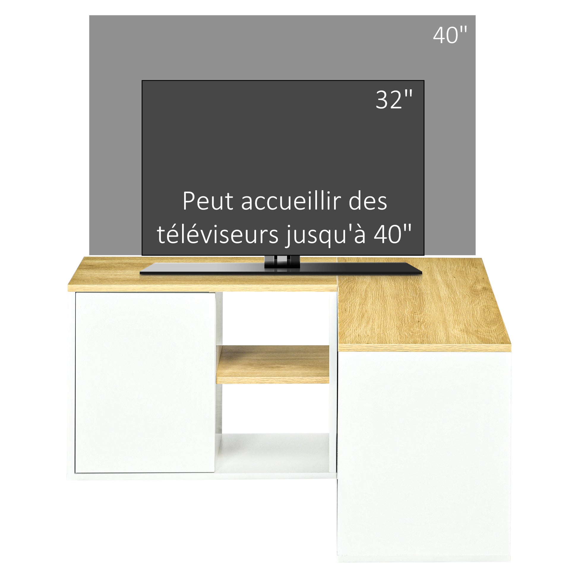 Corner TV Stand Television Stand up to 40 inches with Light Wood and White Storage