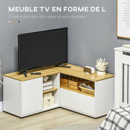 Corner TV Stand Television Stand up to 40 inches with Light Wood and White Storage