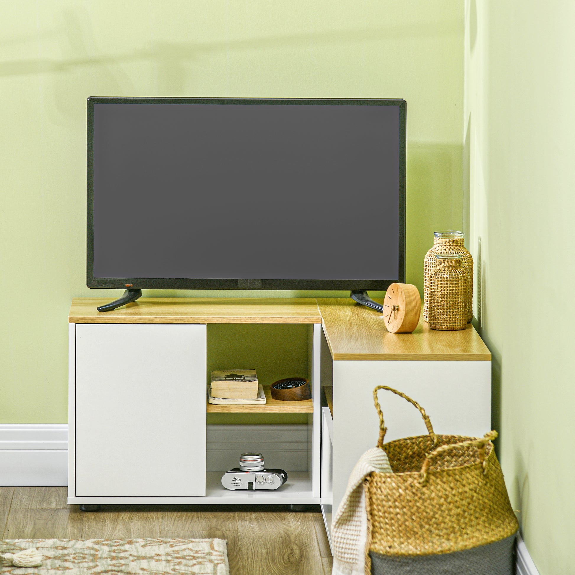 Corner TV Stand Television Stand up to 40 inches with Light Wood and White Storage