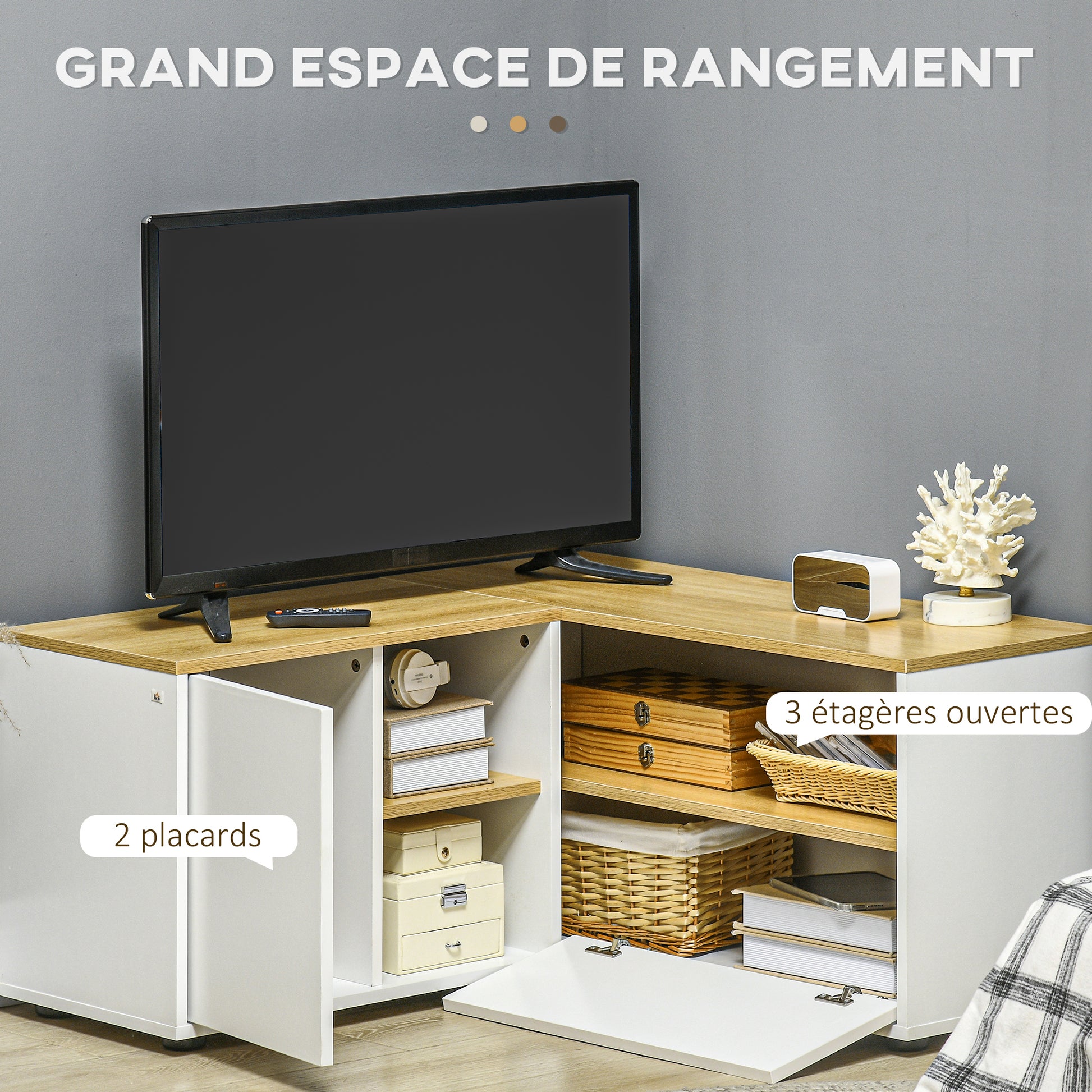 Corner TV Stand Television Stand up to 40 inches with Light Wood and White Storage